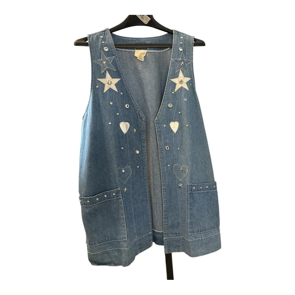 Vintage Fran’s Dallas Denim Vest Star & Heart Appliqué | 90s Y2K Western Boho Blue Size M - Image 3