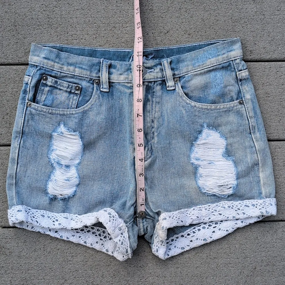 ChiQle Denim Lace Hem Distressed Jean Shorts | Lace Trim Jean Shorts Blue Size M - Image 5