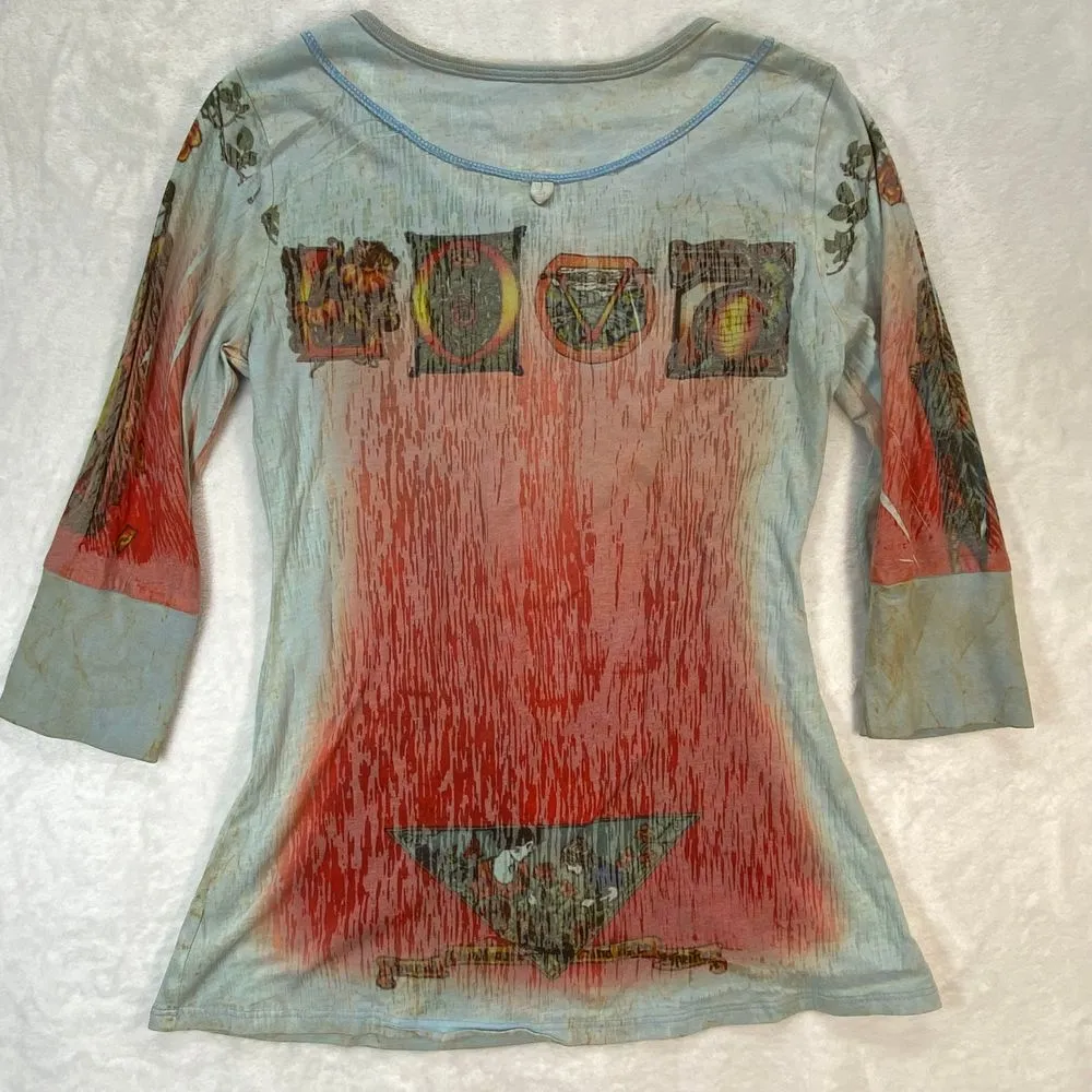 Butterfly Dropout Art to‎ Wear Button Up Top Peacock Print 3/4 Sleeve M Blue Size M - Image 8