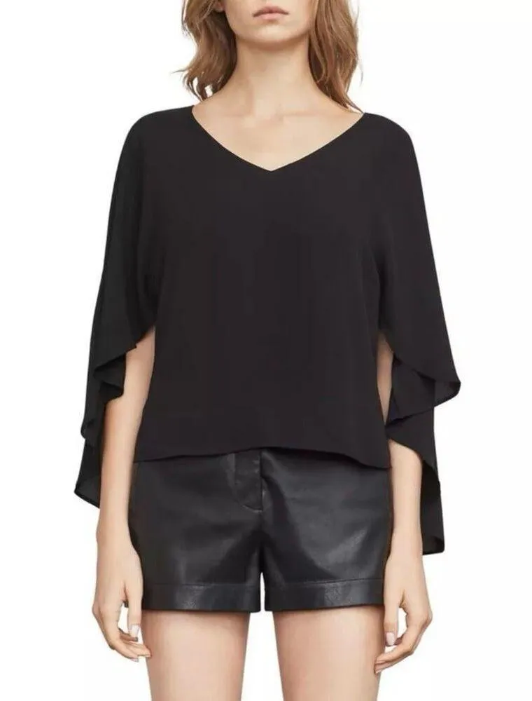 NEW BCBGMaxazria Blue Shannah Deep V Cape Caplet  Flowy Draped Blouse Top Size M - Image 3