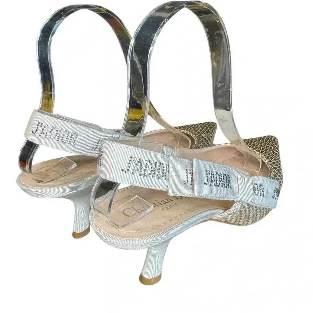 Christian Dior Nude Chrome Shoes With Crystal On The Side Ribbon Band. - Image 10