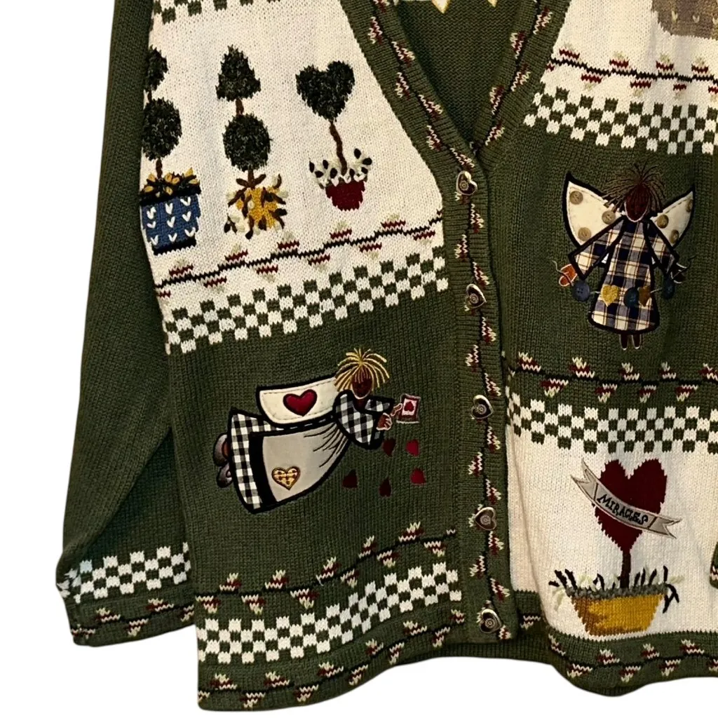 Vintage The Quaker Factory Cardigan Sweater Angles Hearts Knit Grandma Small‎ Green - Image 3