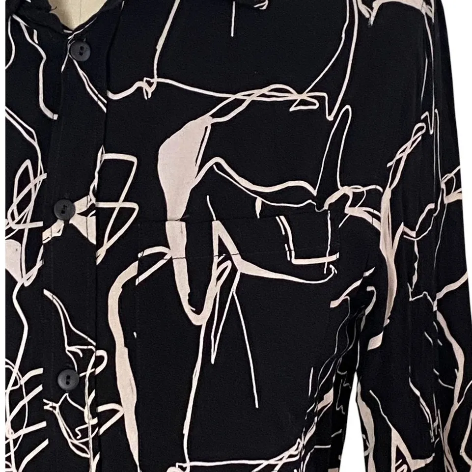 ZARA Black & Cream Long Sleeve Patterned Relaxed Fit Blouse ~ Women's Size LARGE - Image 5
