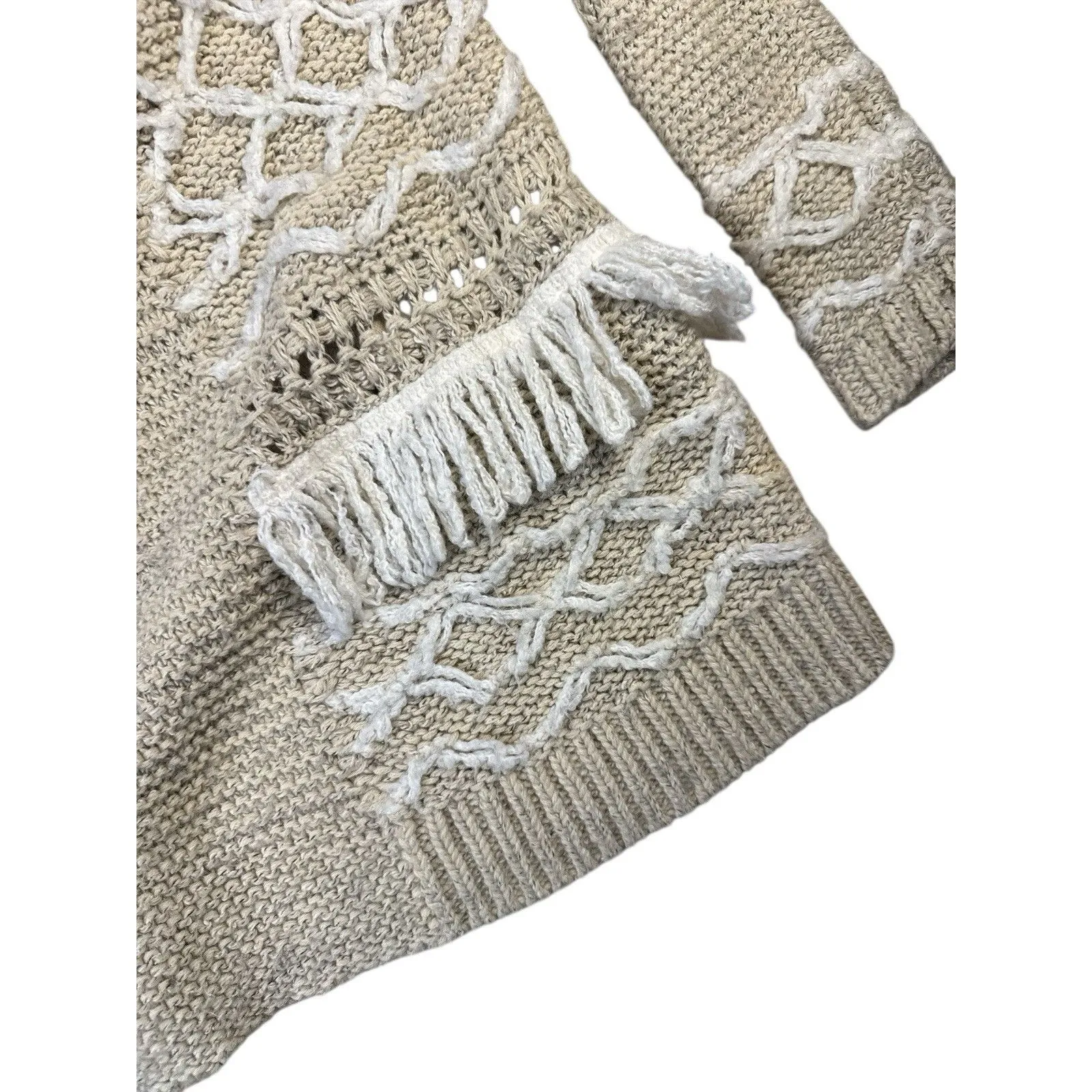 Lucky Brand Beige & White Cozy Cardigan Fringe‎ Detail Size XS Bohemian Chic - Image 2