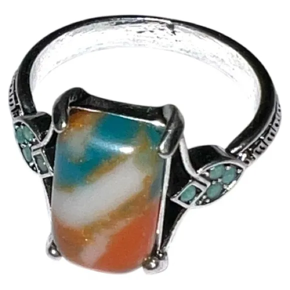 Elegant Silver Multicolor Stone Ring Orange - Image 2