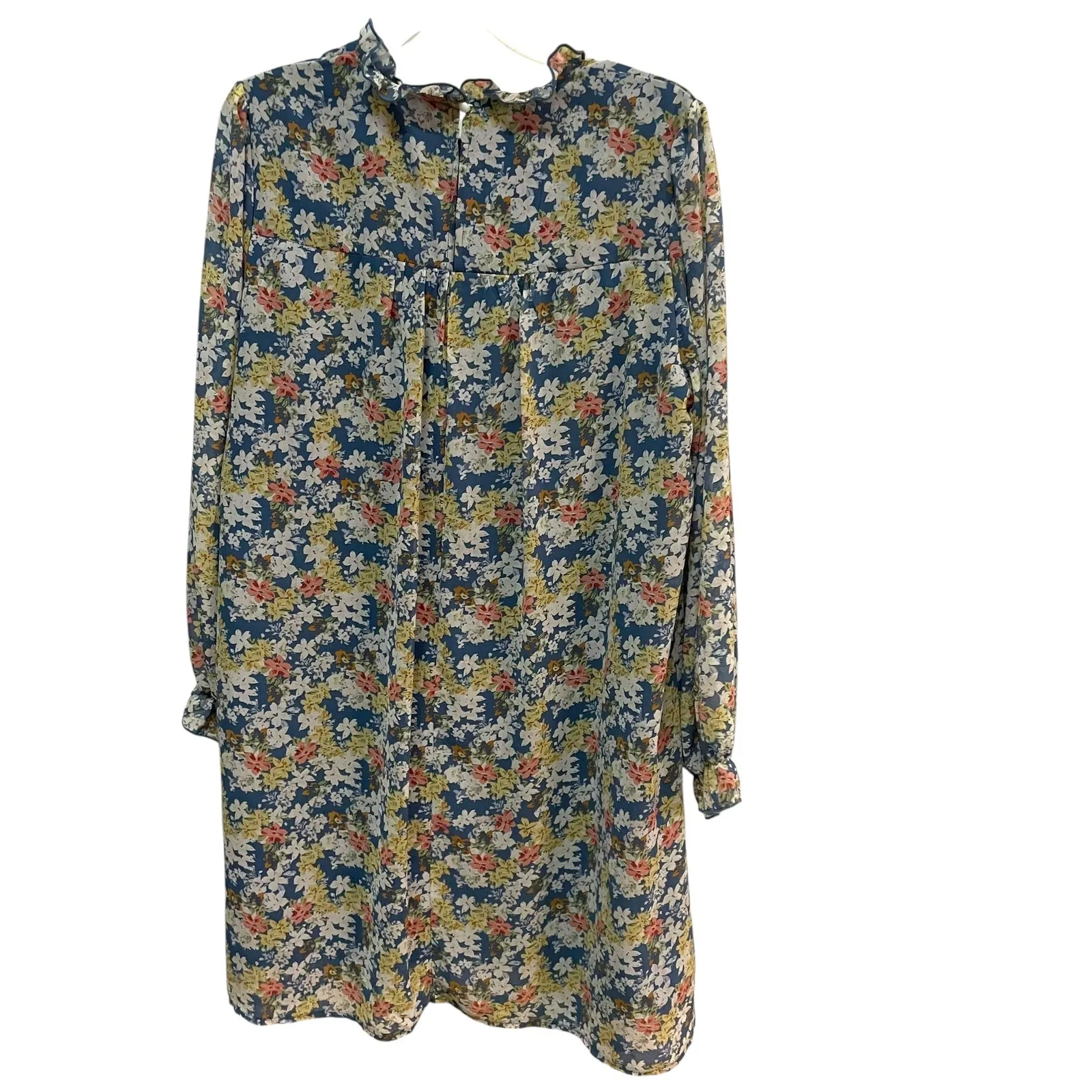 Blue Floral Print Long Sleeve Mini Dress Ruffle Trim Casual‎ L Size L - Image 7