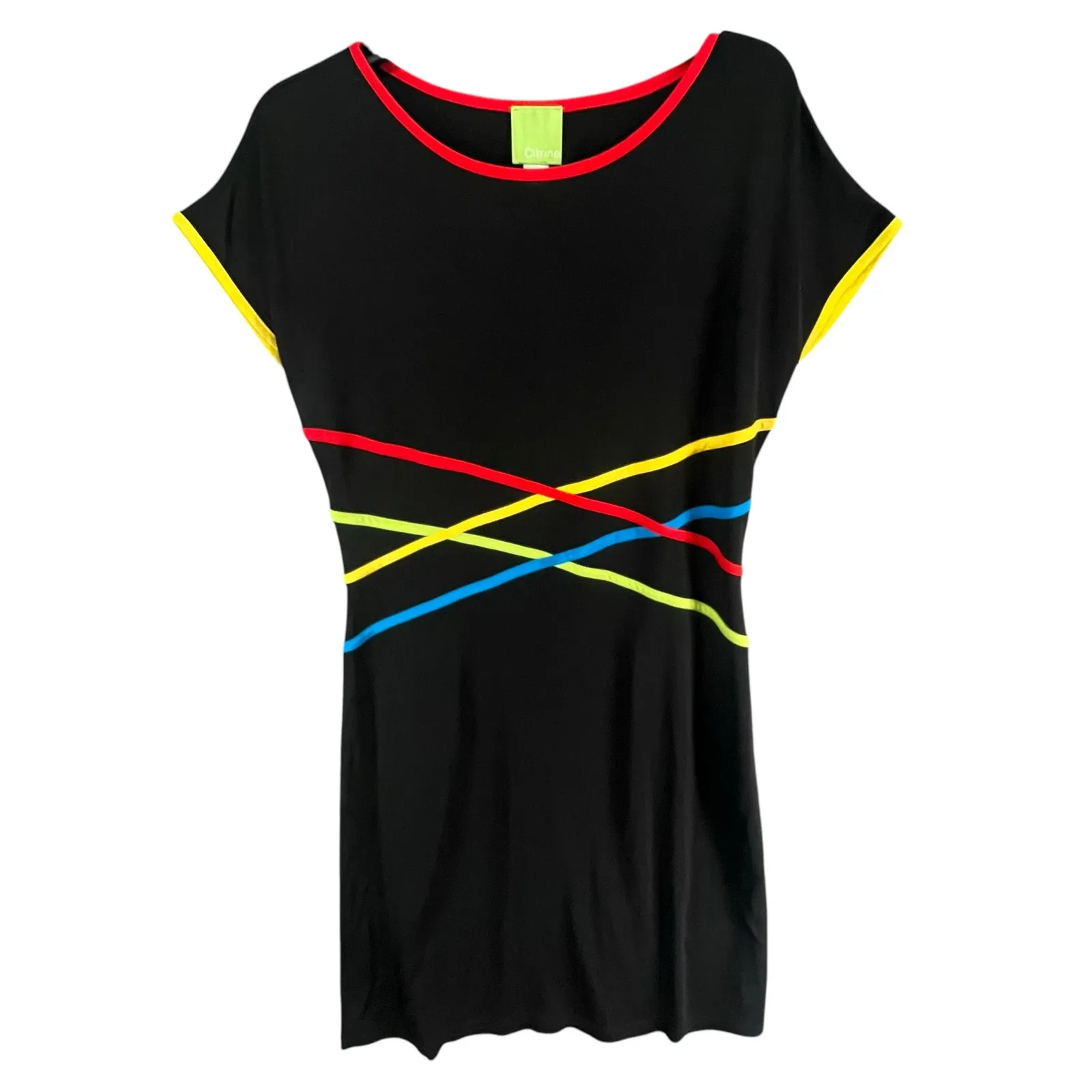 Citrine Shift Dress Women 12 Black Cap Sleeve Colorful Stripes Stretch Mod Retro - Image 4