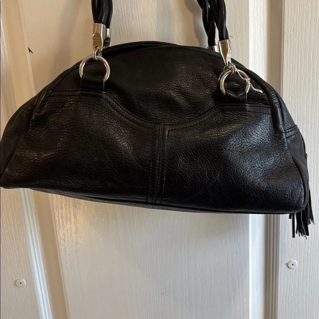 ALFANI BLACK LEATHER SHOULDER BAG DOMED SHAPE BRAIDED HANDLES SILVER ACCENTS - Image 3