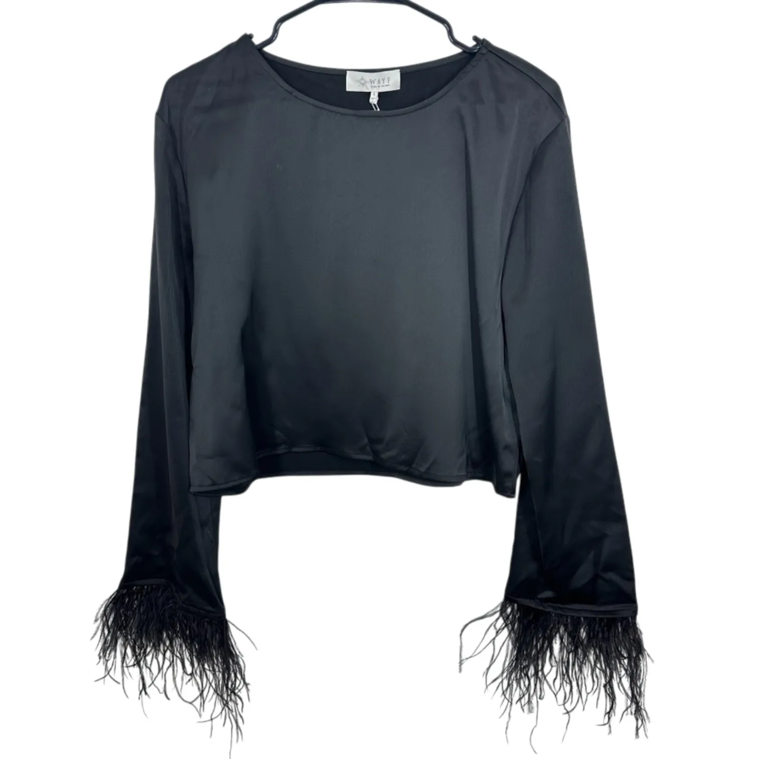 WAYF Black Satin Feather Trim Long Sleeve Crop Top Women's Size S NWT Shopbop - Image 3