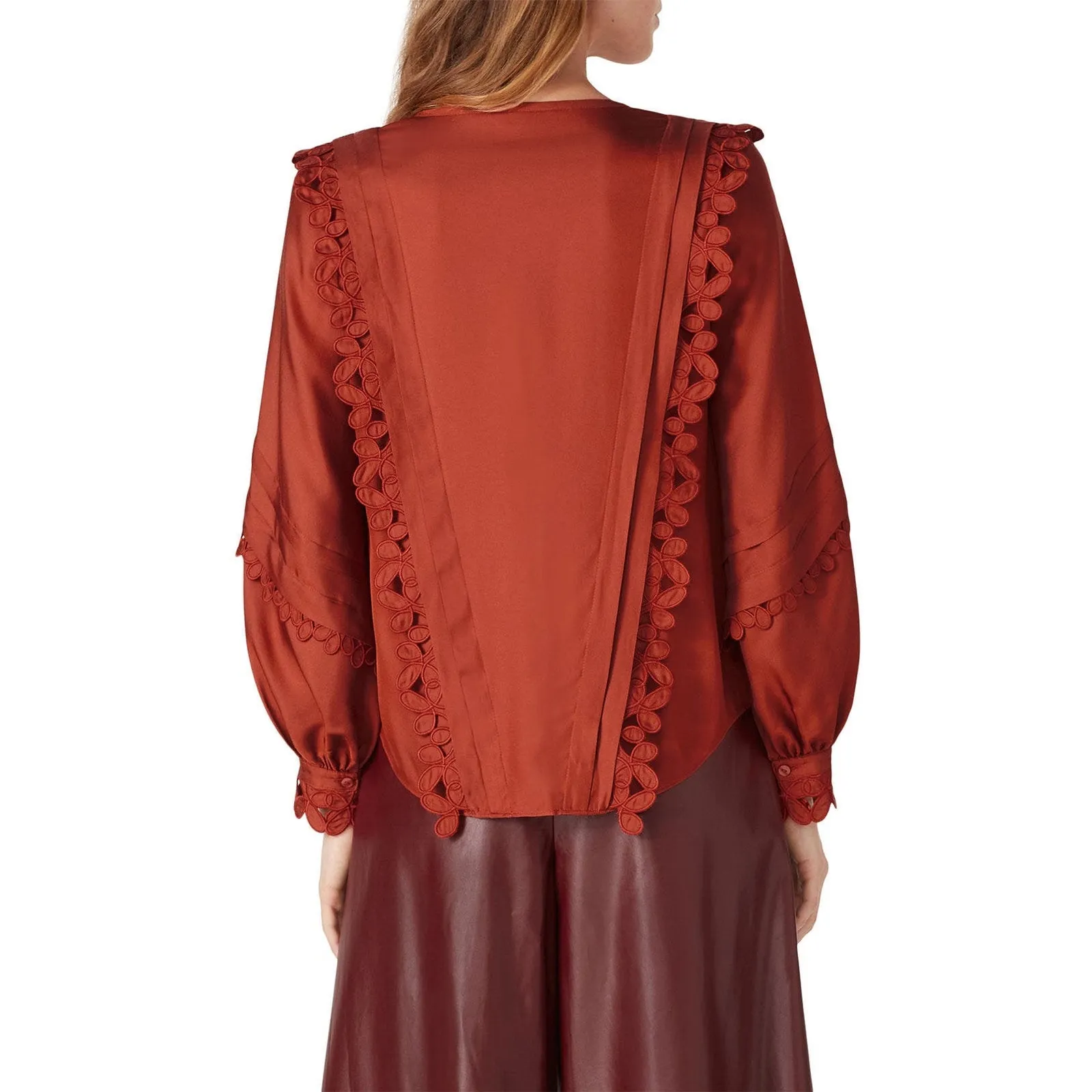 REBECCA TAYLOR Rustic Red Embroidered Silk Blend V-Neck Button Top size 2 - Image 15