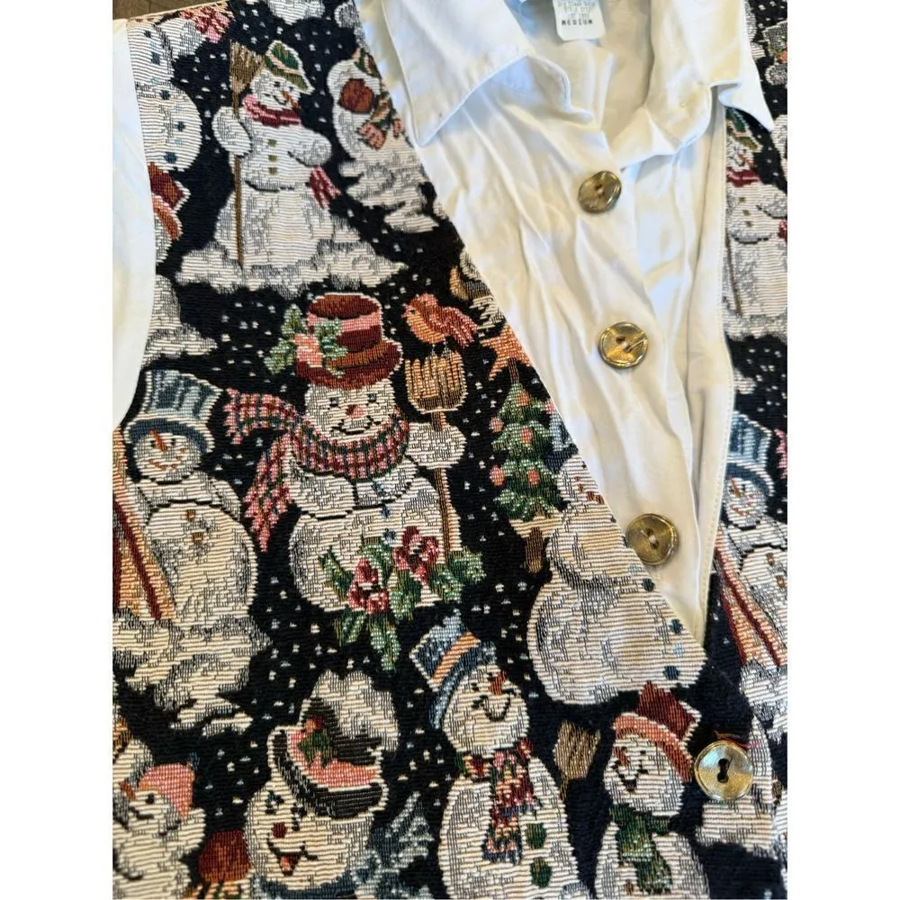 90’s vintage Joanna made in USA Christmas vest blouse snowman shoulder pads med White - Image 3