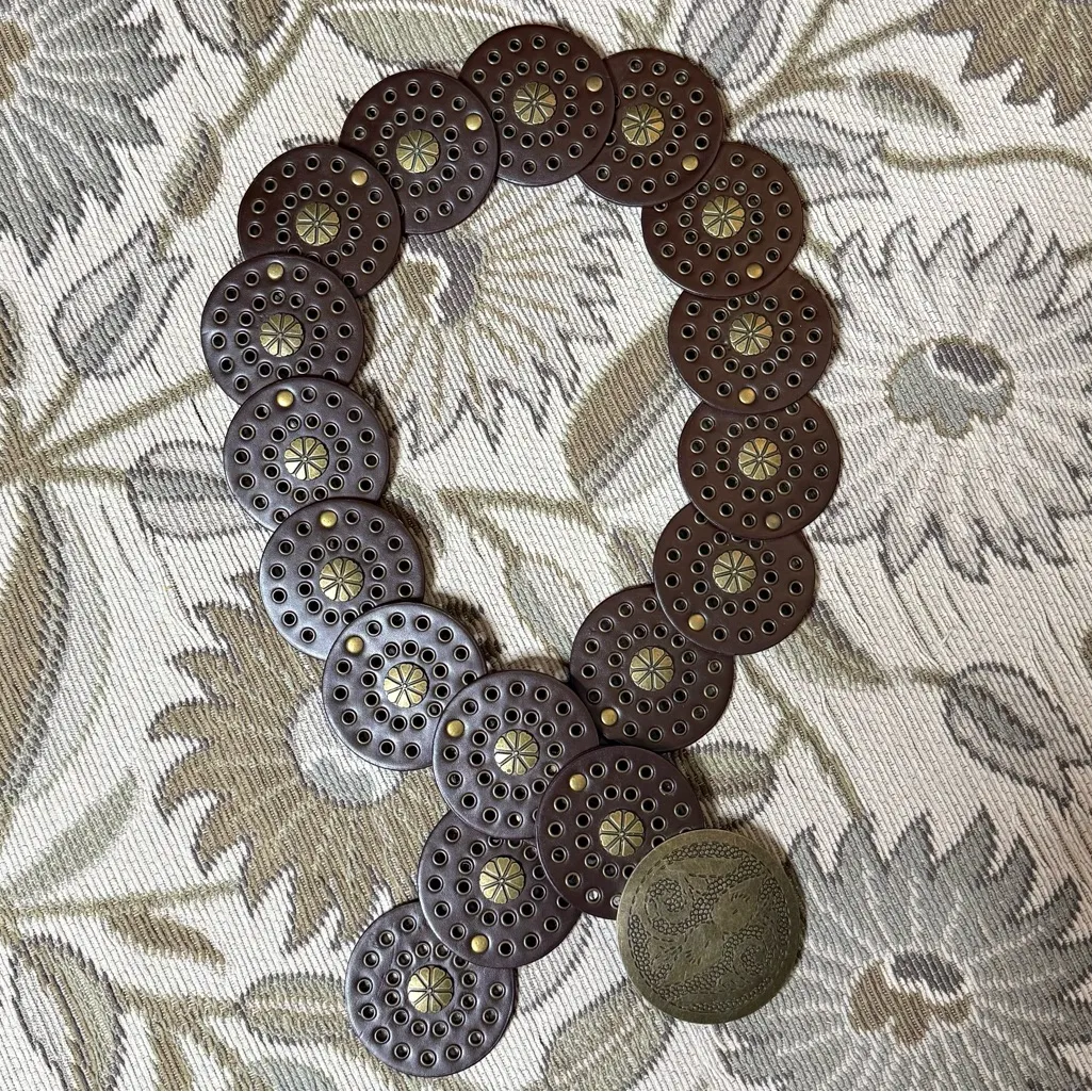 Brown Faux Leather Belt Western Disc with Antique Gold M/L Medium Large - Image 3