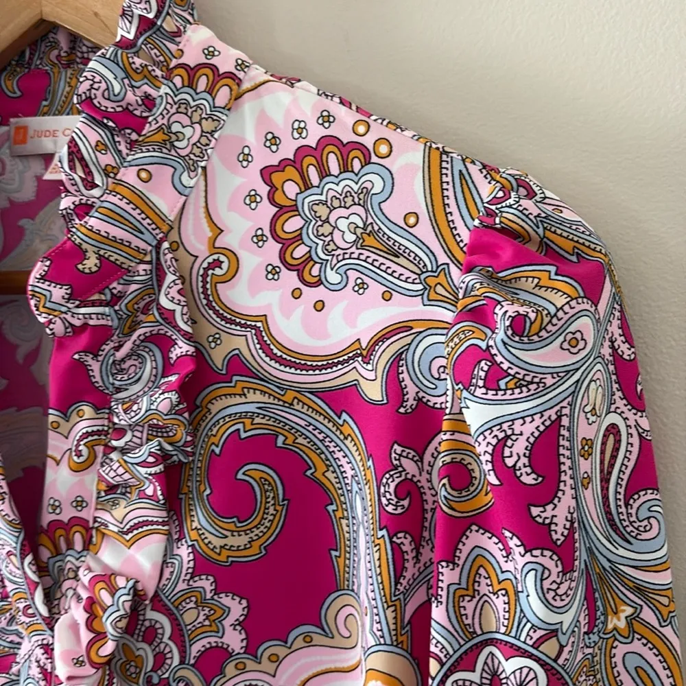 Jude Connally Palm Beach Paisley Pink Long Sleeve Top Ruffle V Neck Size S - Image 3