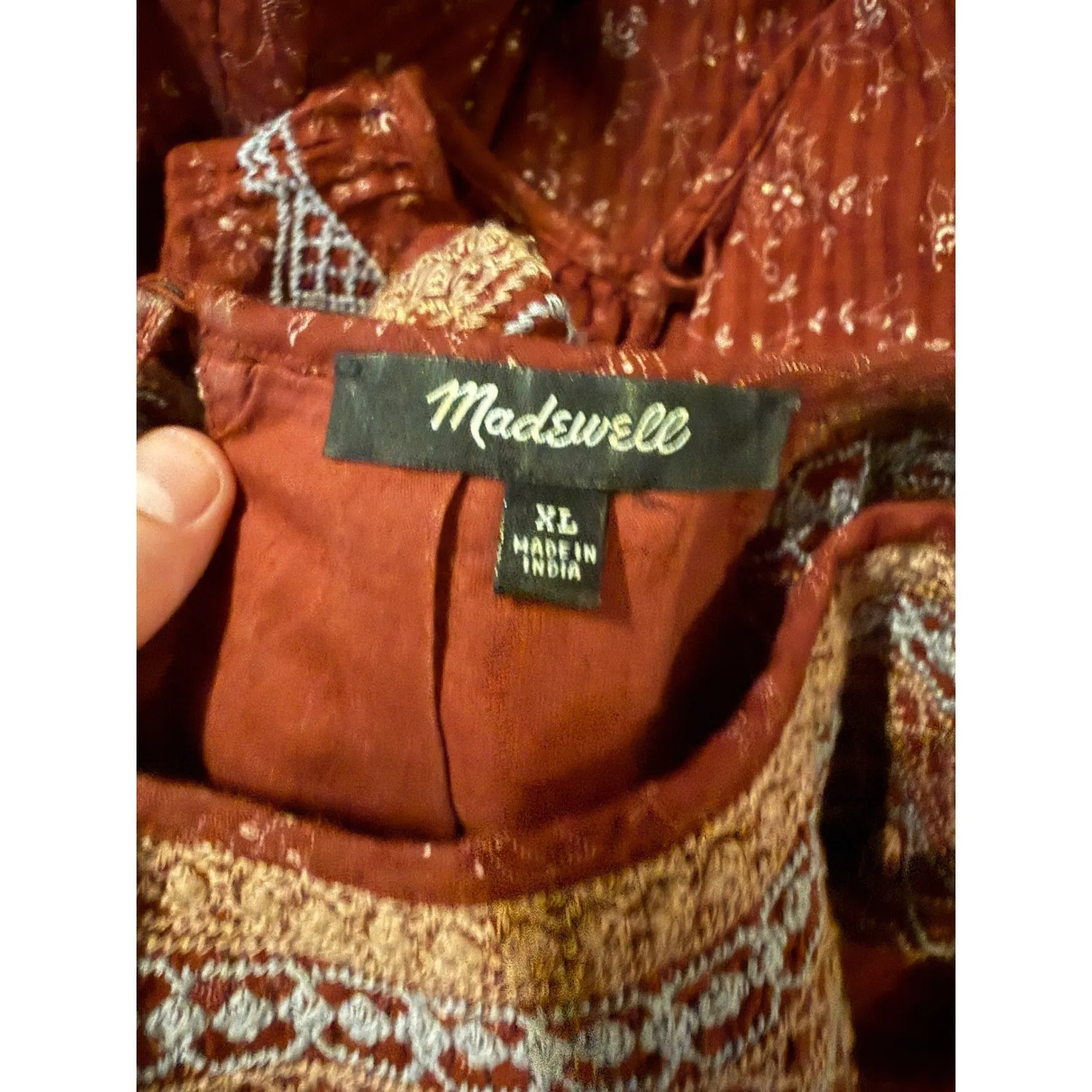 Madewell Embroidered Babydoll Puff Sleeve Dress Women's XL Burgundy Dotted Boho - Image 6