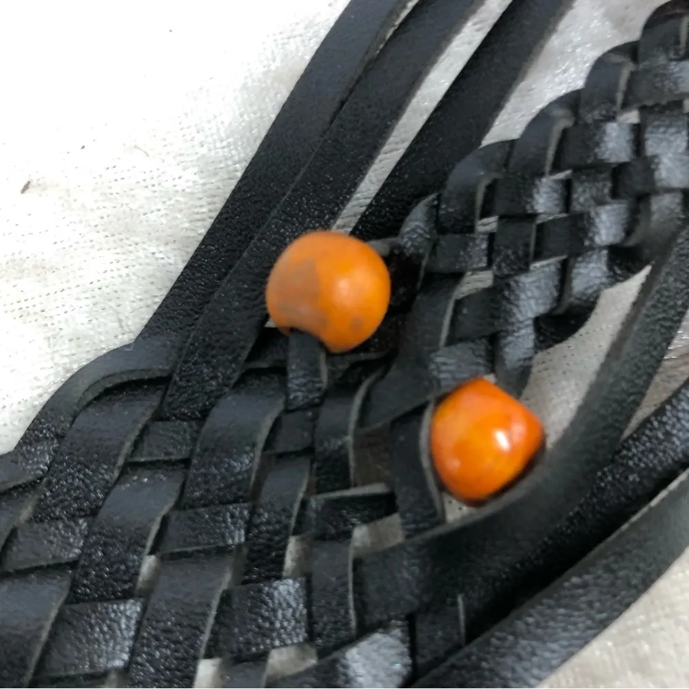 Women’s black braided vintage looking belt orange/brown beads - Image 4
