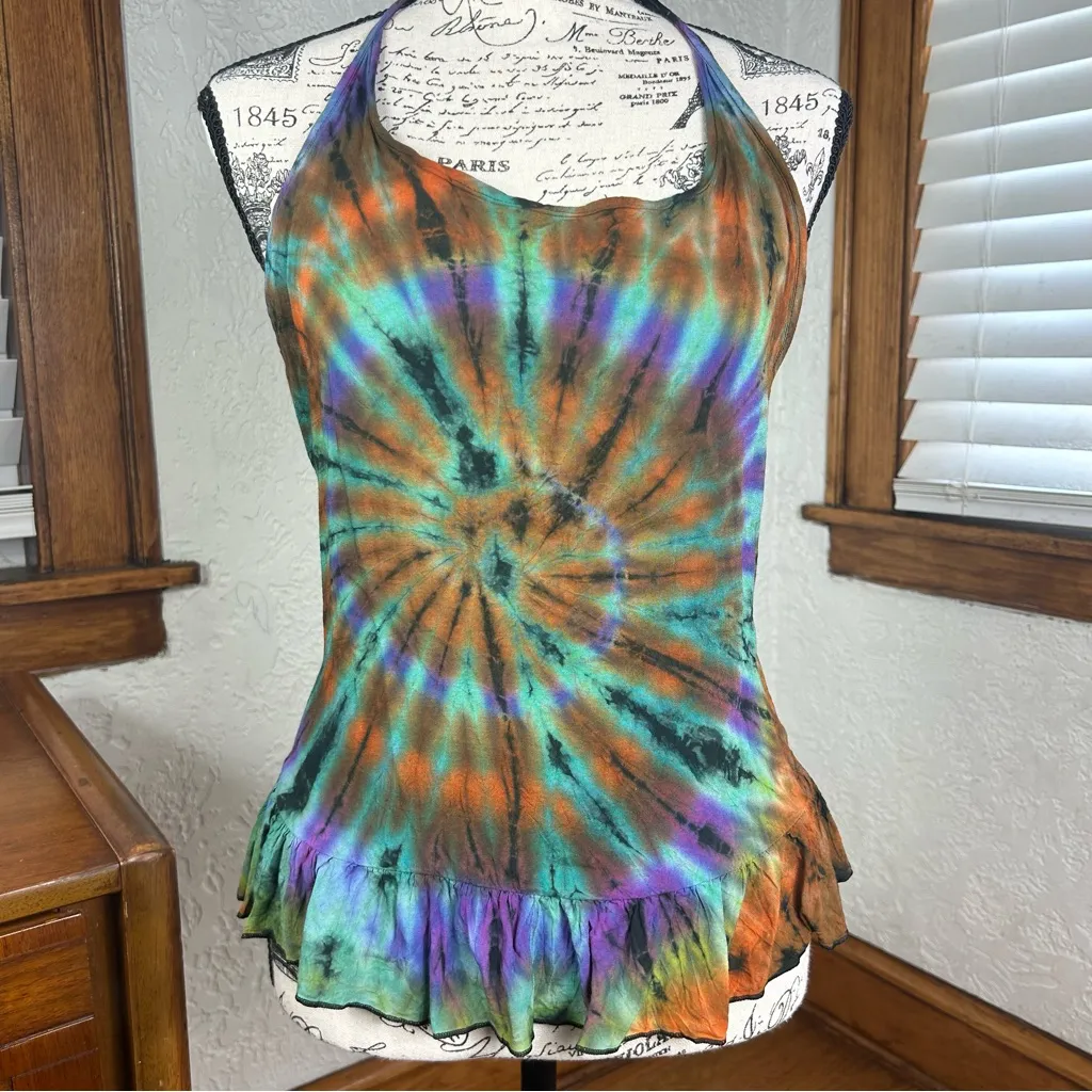 Tie Dye Rainbow Halter Top Open Back Boho Adjustable One Size Purple Size undefined - Image 2