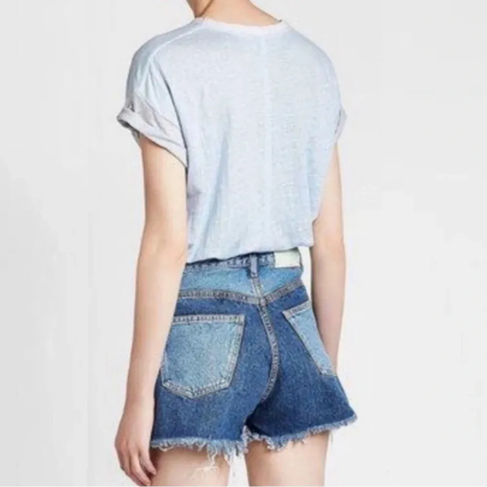 Rag & bone baby blue oversized boxy linen Tshirt with pink, grey details size xs - Image 2