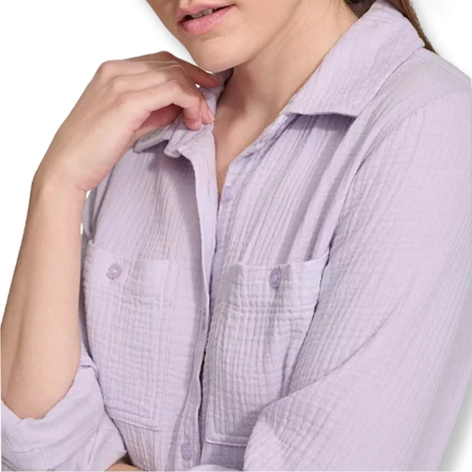 NWT Nine West Double-Crepe Button-Down Roll-Tab-Sleeve Shirt - Image 4