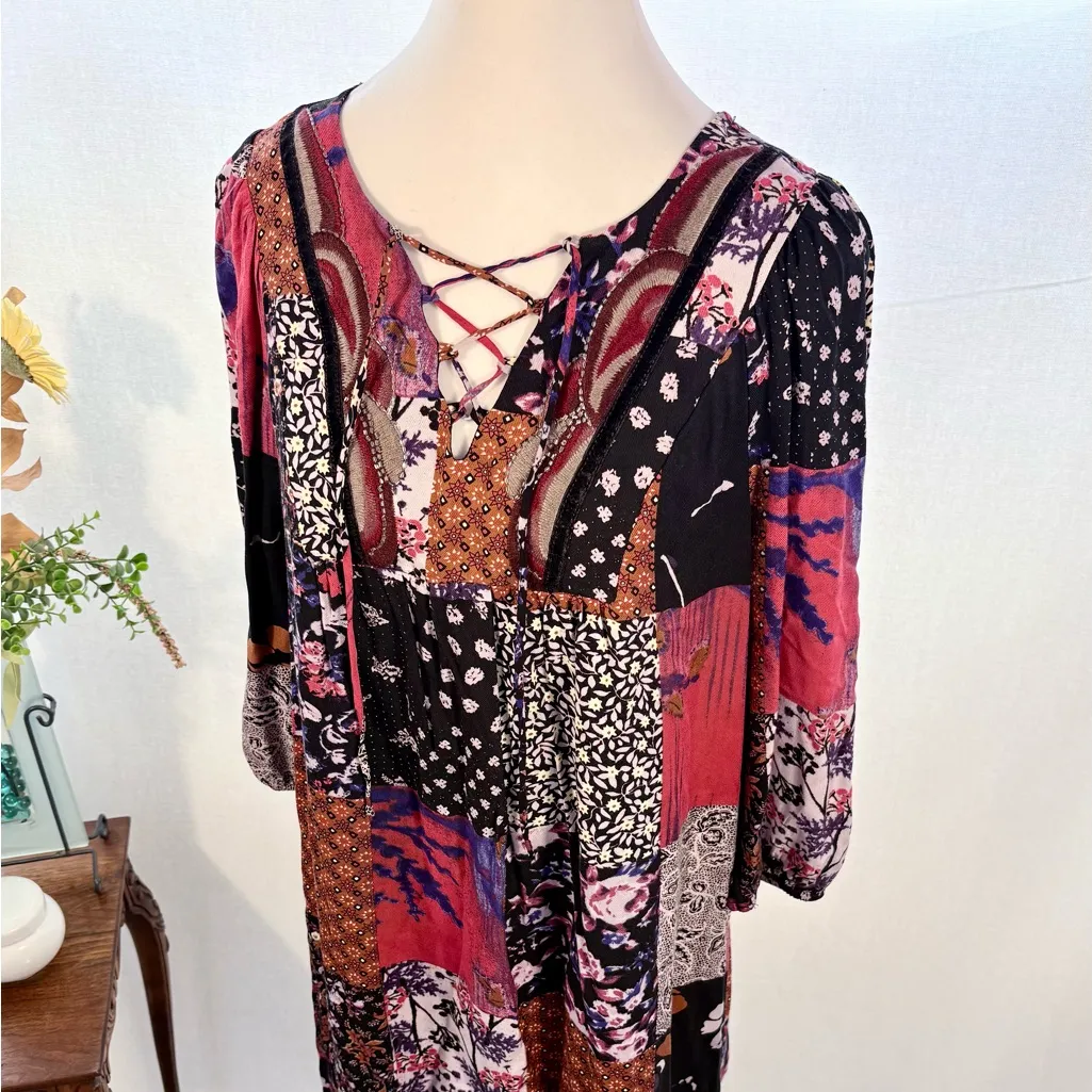 ONE SEPTEMBER Anthro Arcata Patchwork Beaded Lace Up Swing Dress Sz Small💛 Red - Image 4