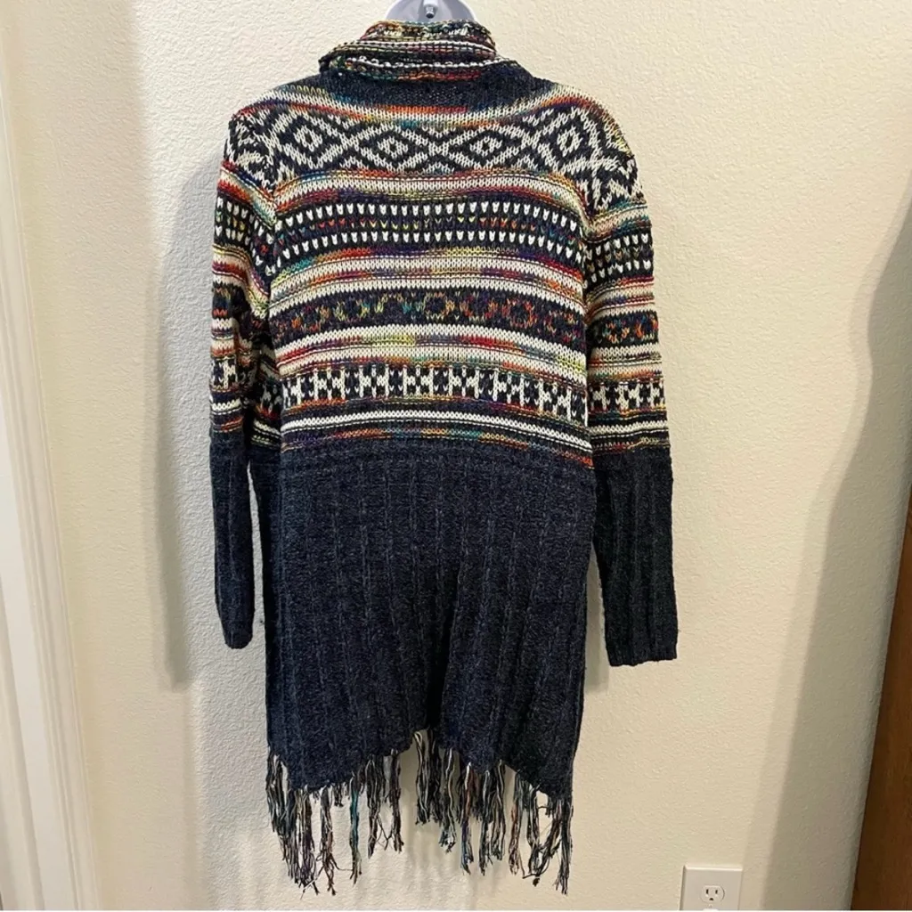 Glitzy Girlz Open Front Multicolor Pattern Knit Cardigan with Fringe Medium Blue - Image 3