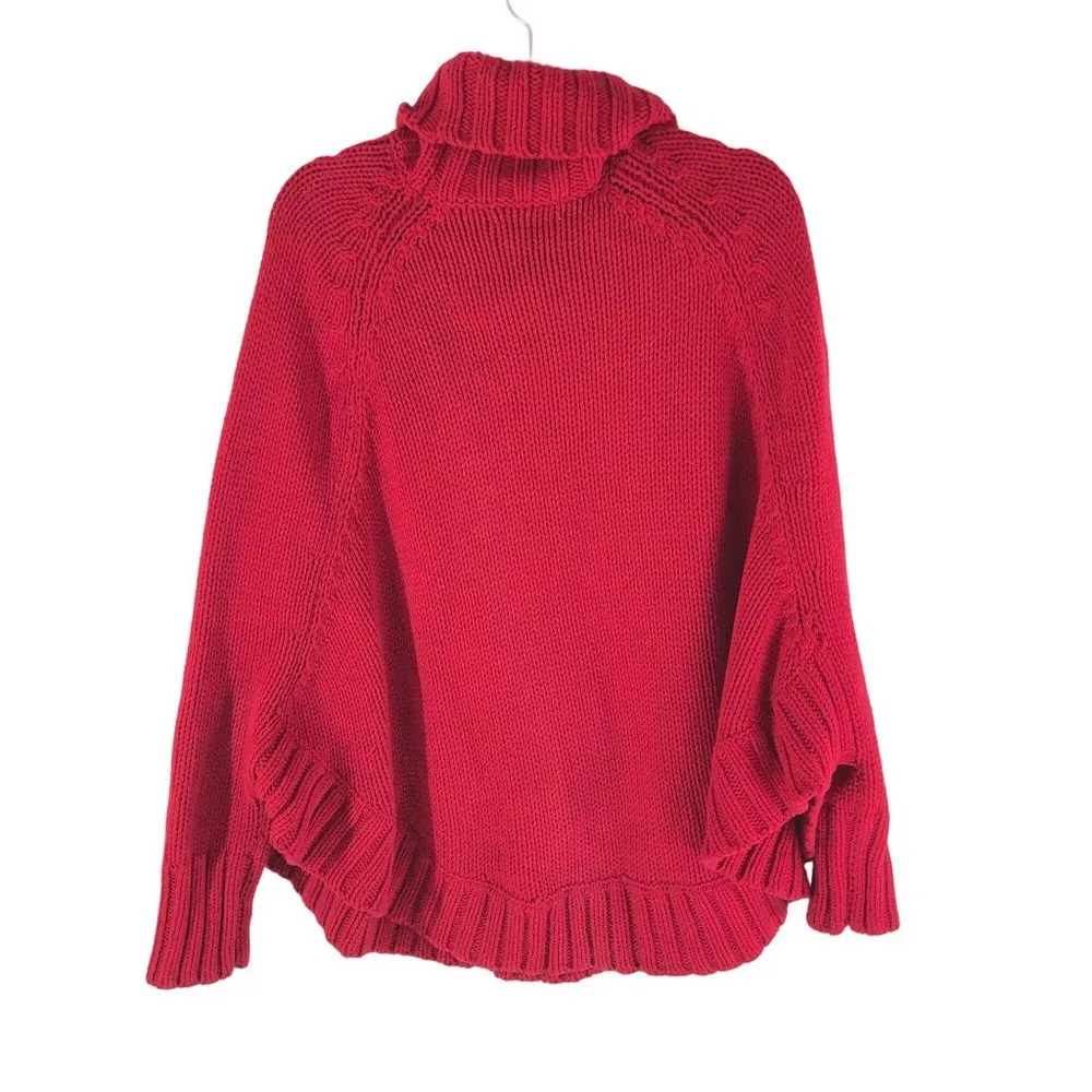 Michael Kors Womens Poncho Sweater Cowl Neck Chunky Knit Oversized Red M - Image 2
