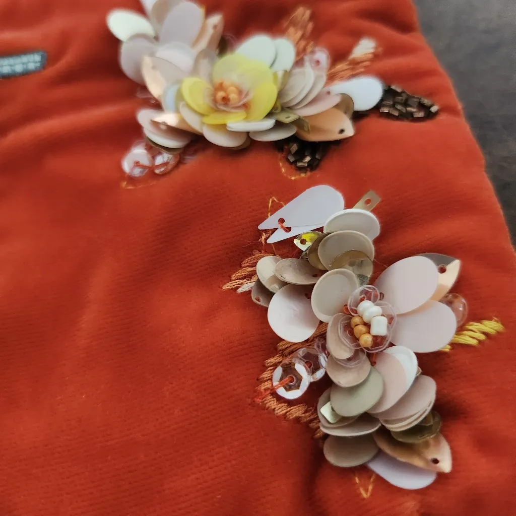 Anthropologie Coral Floral Embellished Cosmetic Pouch - Image 3