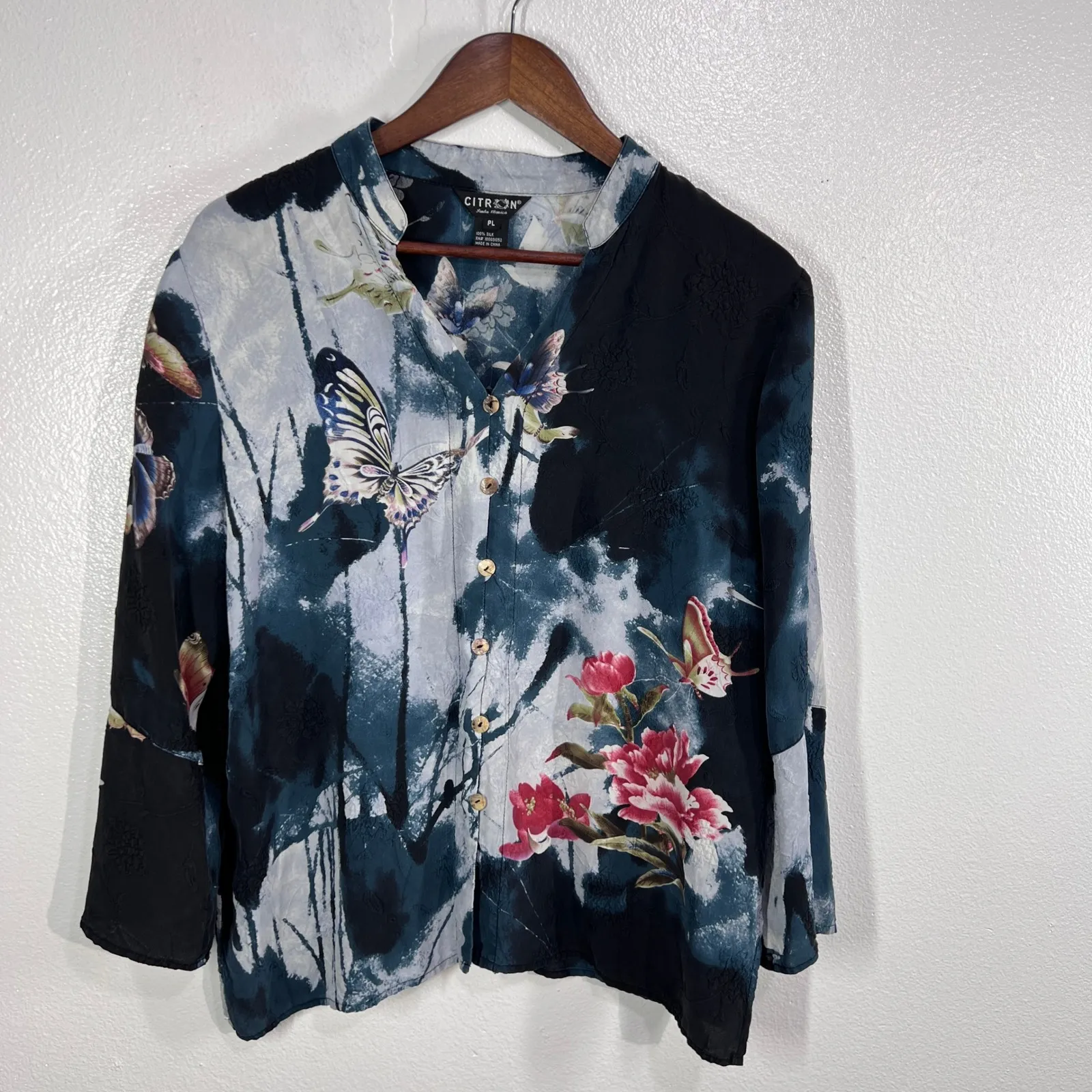 Citron Santa Monica Silk Blouse PL Butterfly Floral Watercolor Asian Style‎ Boho Blue Size undefined - Image 2