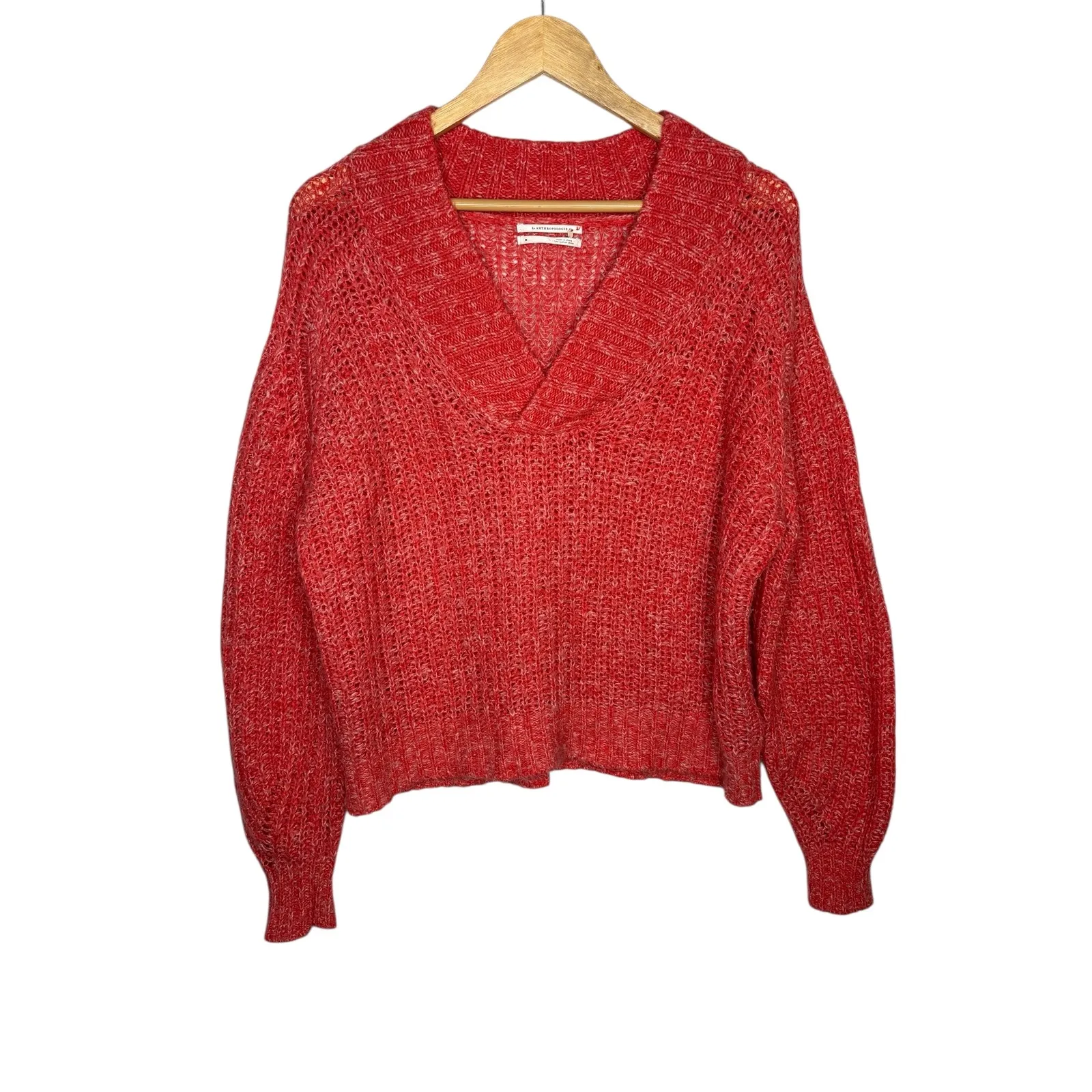 Anthropologie Honore Wool Blend Coral V Neck Chunky Knit Cropped Sweater Size M - Image 4