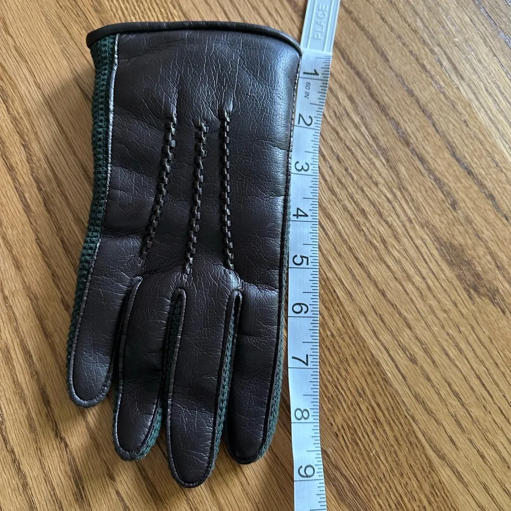 Brown Faux Leather Green Knit Accent Gloves Adjustable Strap FAux Fur Lined S/M - Image 12