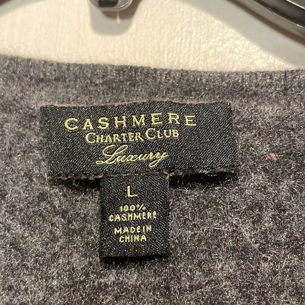 Charter Club- 100% Cashmere Luxury Grey V Neck Long Sleeved Sweater- Size L - Image 3