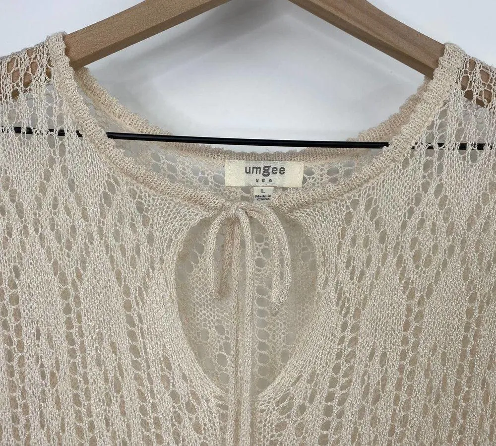 Umgee Crochet Lace Knit Sheer Mini Dress Coverup Keyhole Tie Long Sleeve Cream L - Image 2