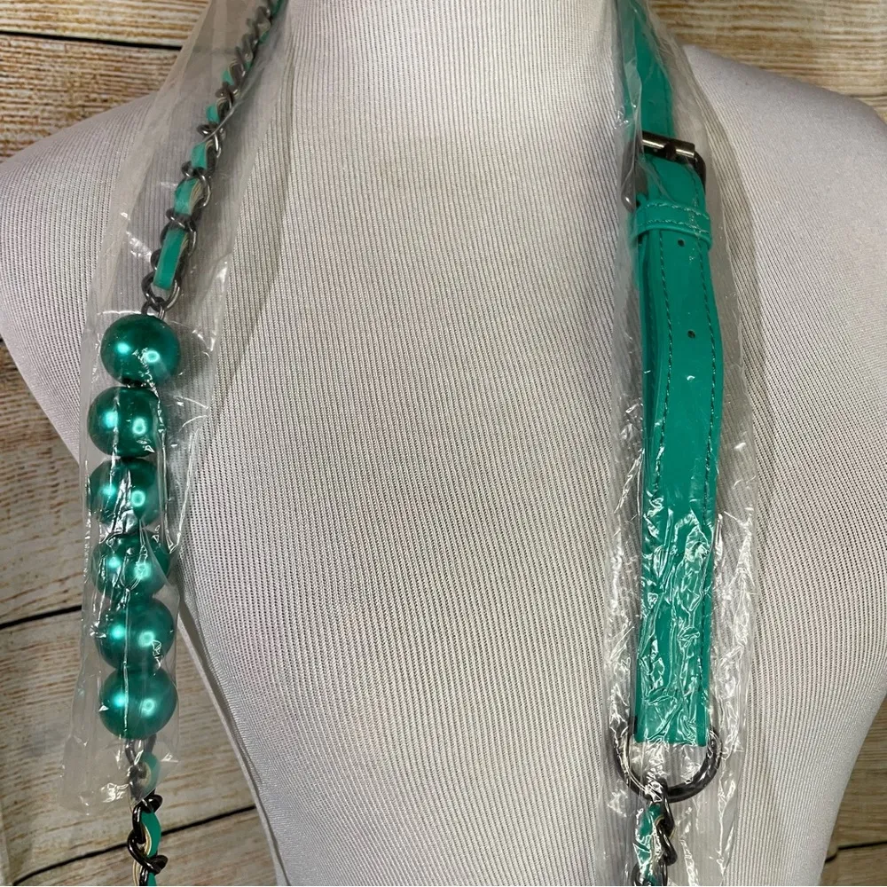 wrapped frame leather green crossbody bag chain/pearls strap - Image 5
