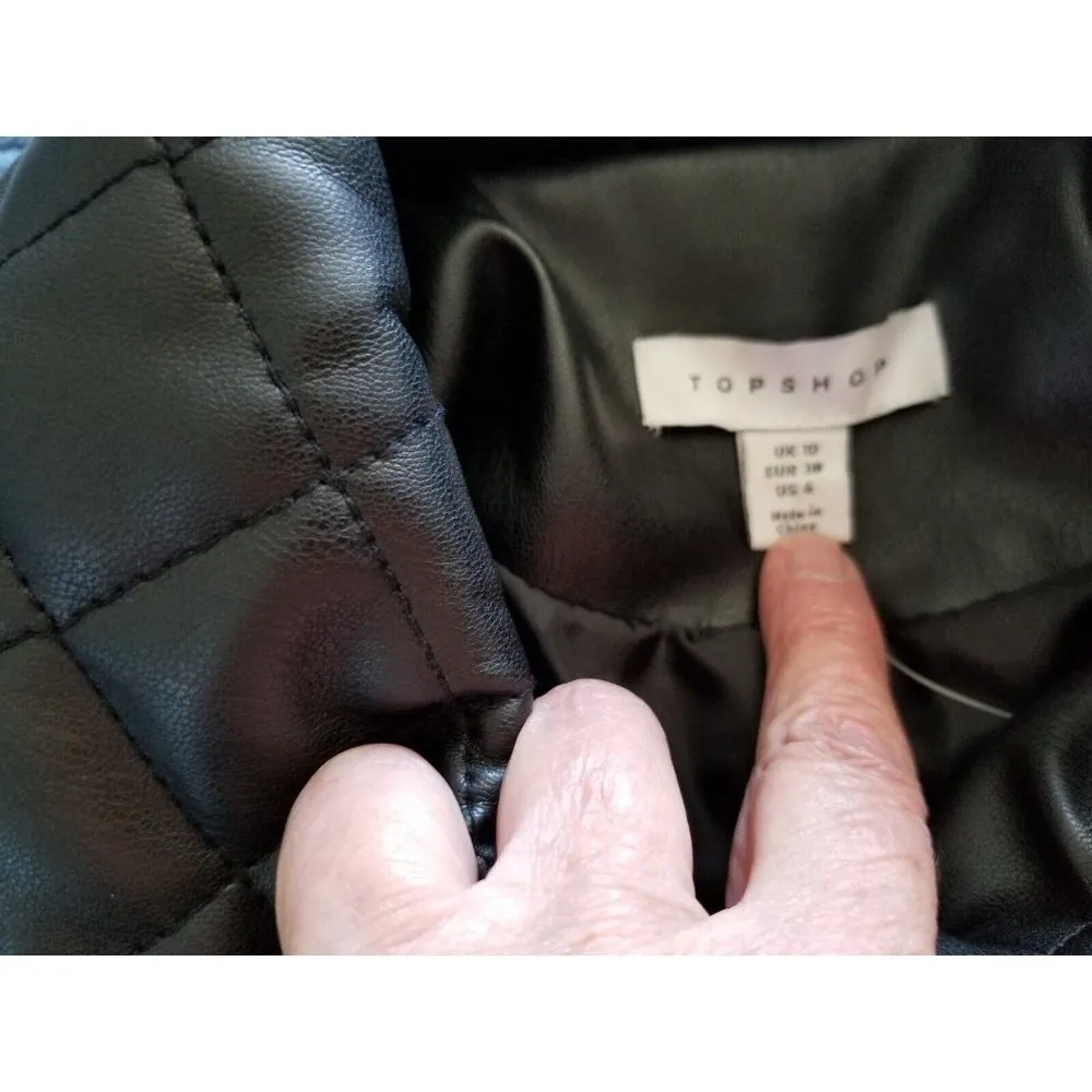 Topshop Quinn Button Up Belted Faux Leather Quilted Black Jacket Womens Size 6 - Image 11