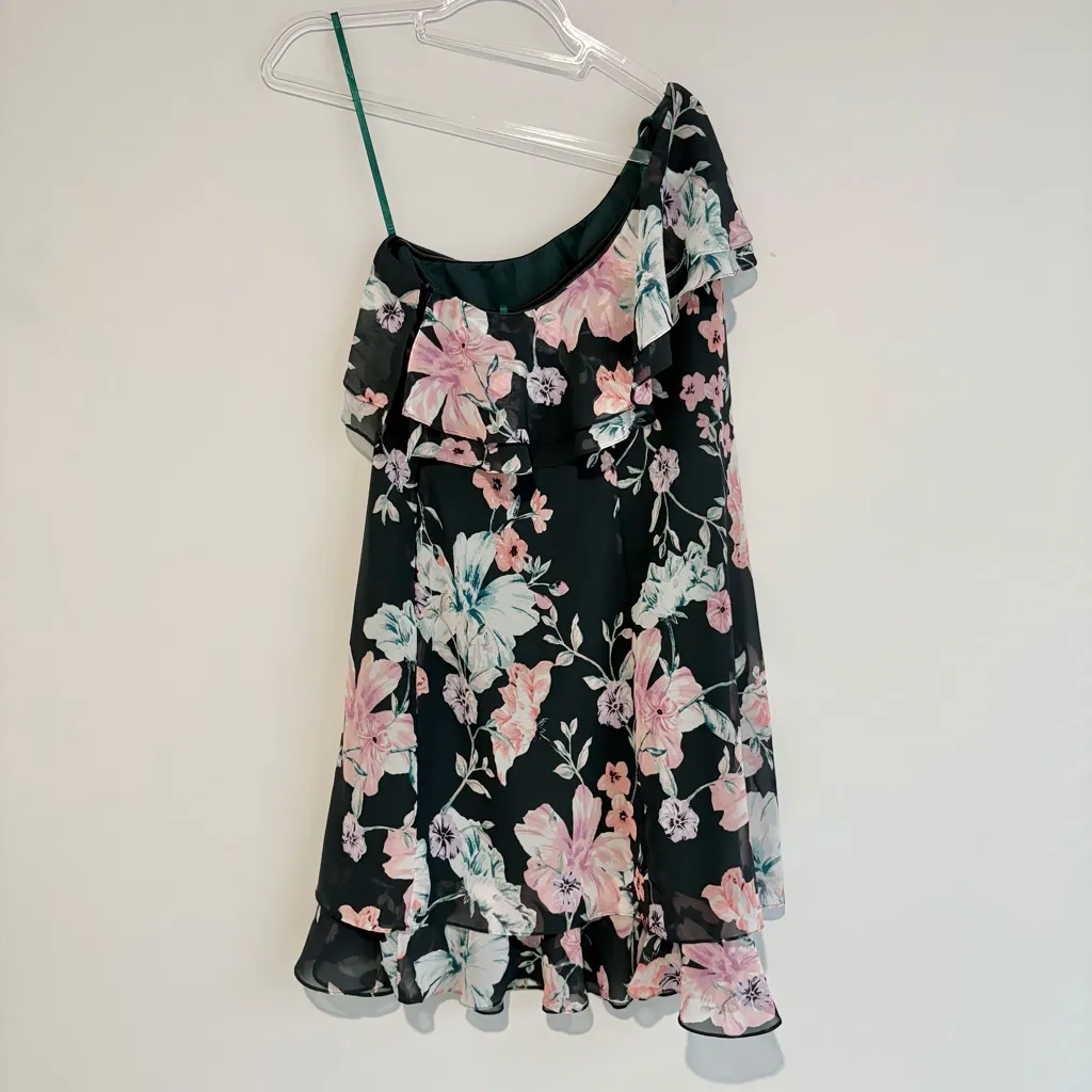 Eliza J Floral One Shoulder Ruffle Chiffon Dress green‎ pink size 2 - Image 3
