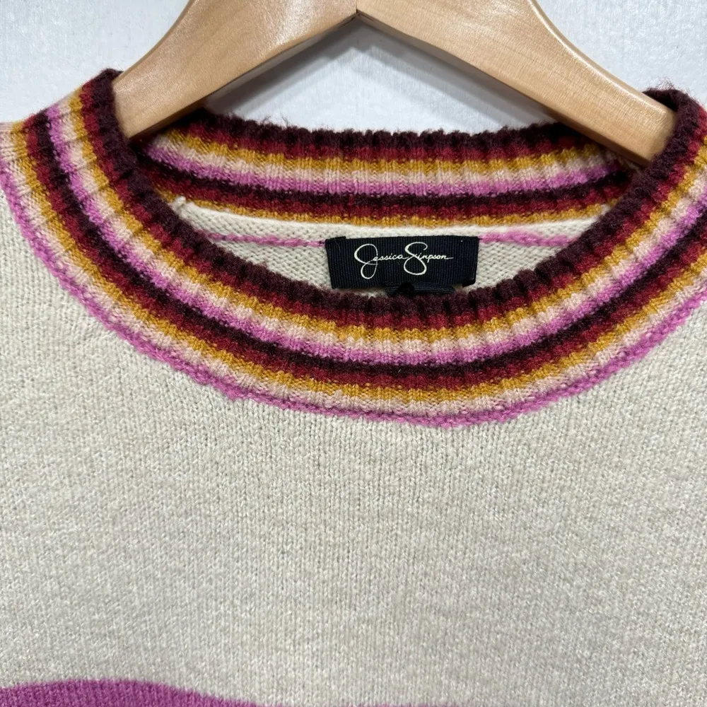 Beige with Jewel Tone Stripes Crewneck Sweater Size Medium - Image 4