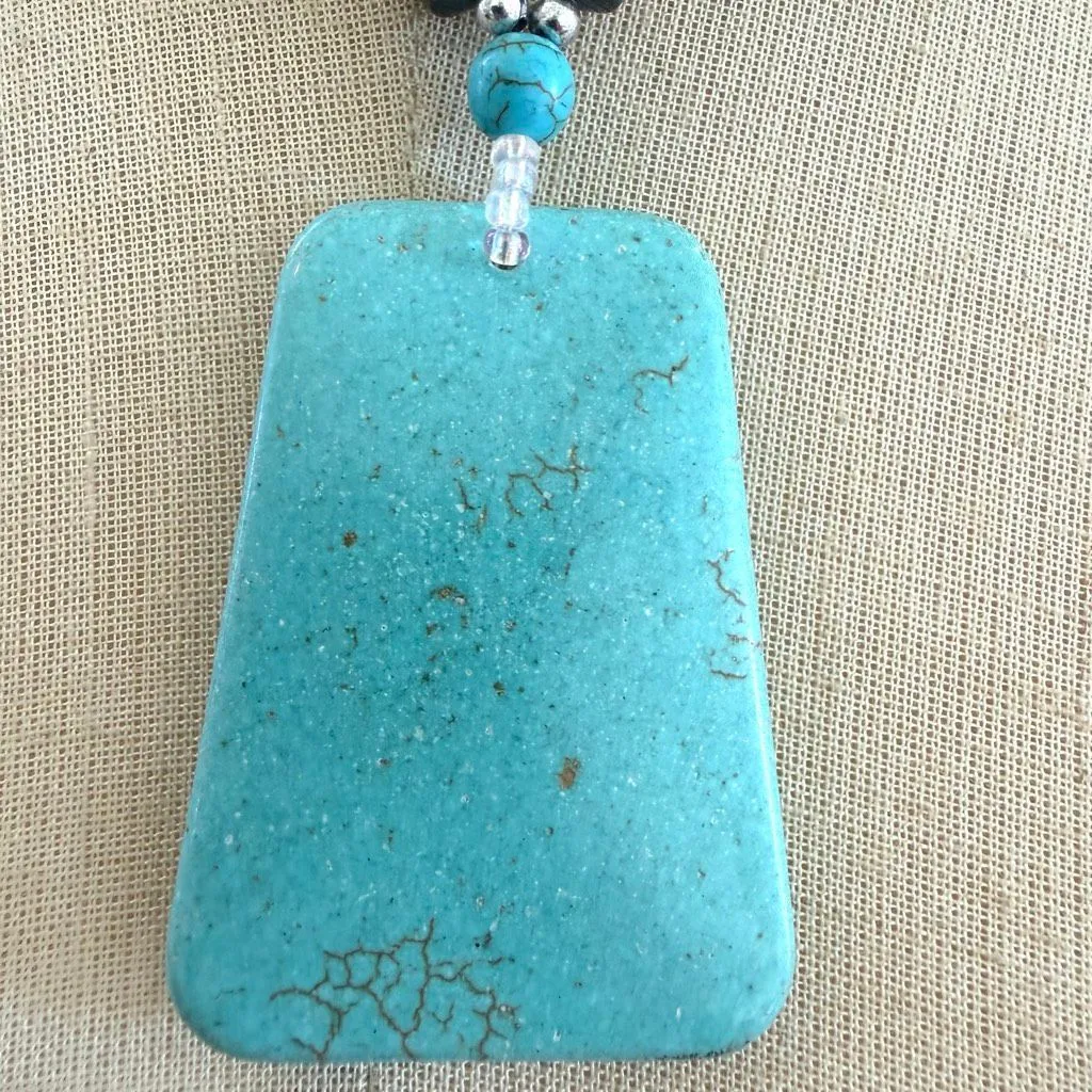 Boho Turquoise Stone Pendant Necklace w/ Hematite Beads Blue - Image 3