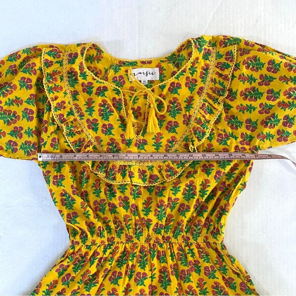 Maisie Yellow boho block print ruffled tassel tie puff sleeve mini dress XS - Image 9