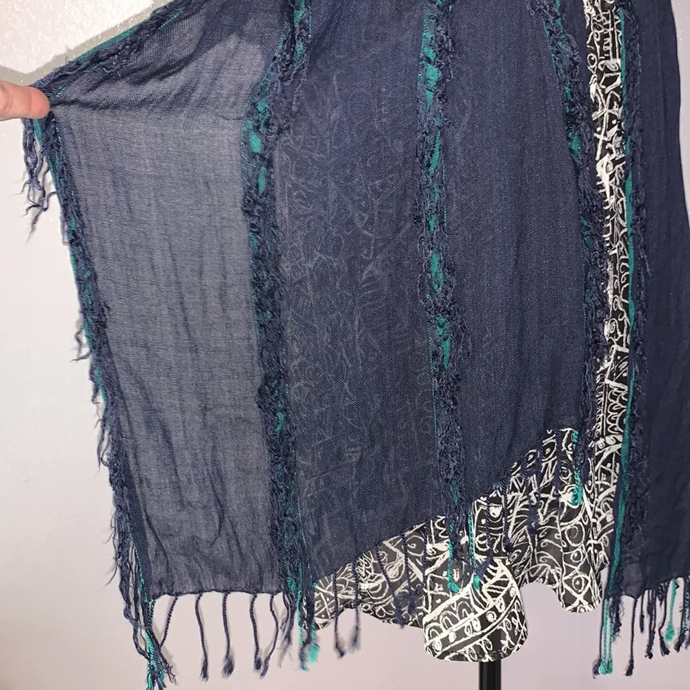 Sheer Navy Blue with green stripes boho fringe scarf - Image 2
