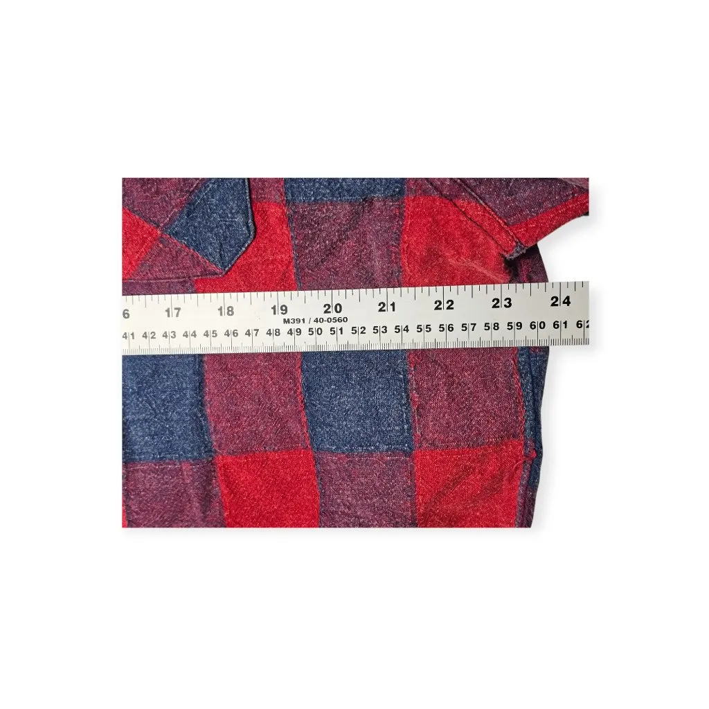 Oli & Hali Hooded Red Blue Plaid Shacket Brown Sleeves Distressed Hem Size S - Image 6