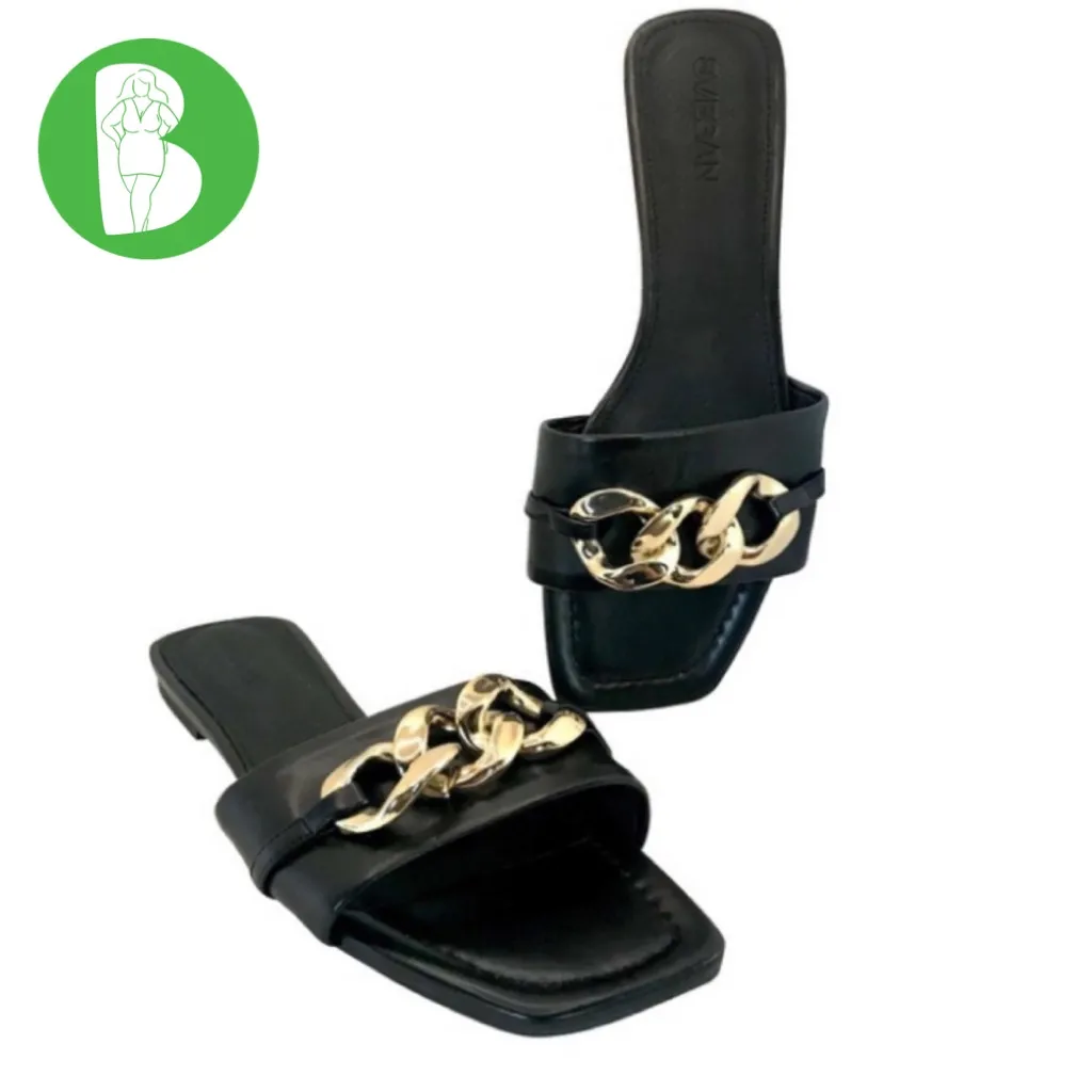 SVEGAN BLACK VEGAN LEATHER WITH GOLD CHAIN SLIDE FLATS MADE IN SPAIN (39) Size 8 - Image 2