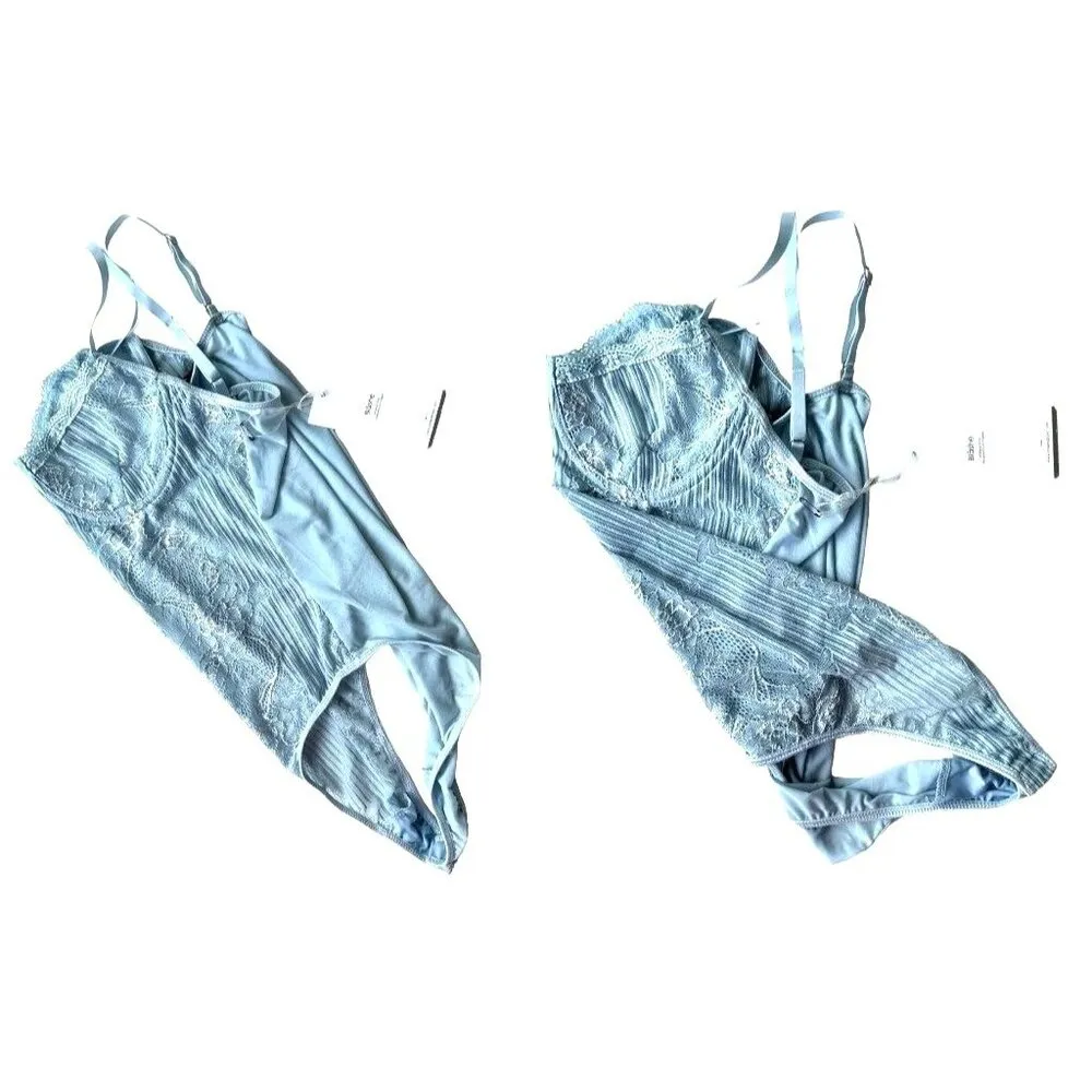 NWT Blashe Teddy Bodysuit Sz M Blue Sheer Lace Accents Snap Closure Exo… - Image 5