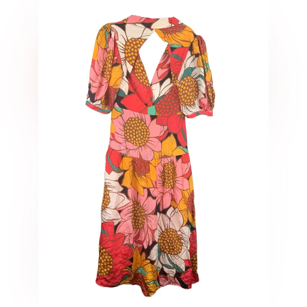 Farm Rio size small pink orange floral midi dress tropical cottage sunflower - Image 3