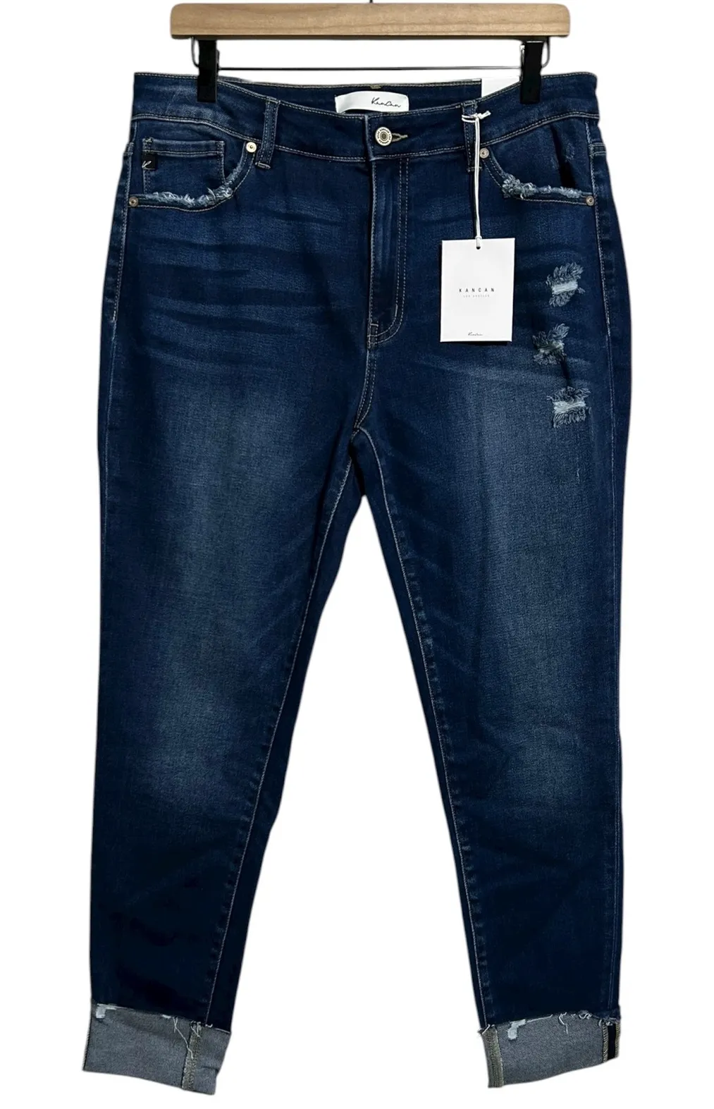 Kancan Size 13/30 High Rise Cuffed Ankle Skinny Distressed Dark Wash Denim Jeans Blue - Image 1