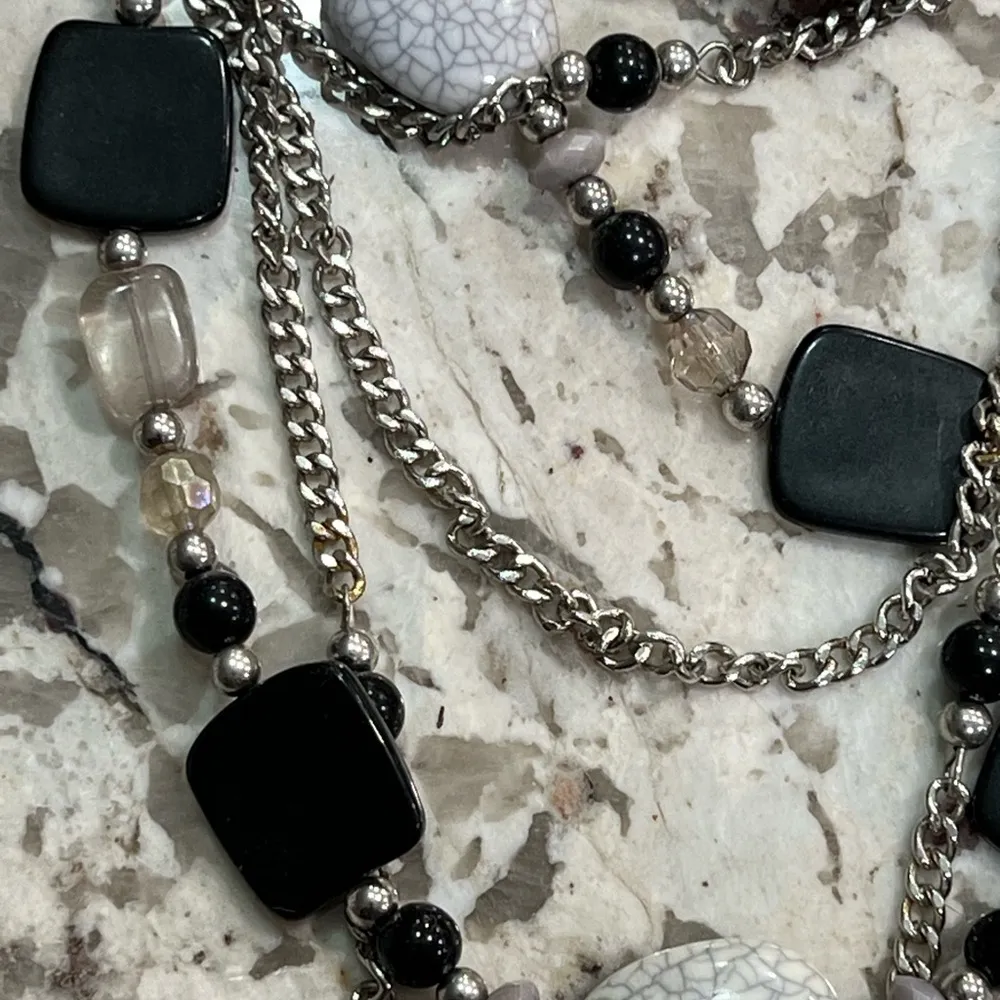 Women’s Multi Tier Black Clear White Chain Stone Bead Necklace - Image 2