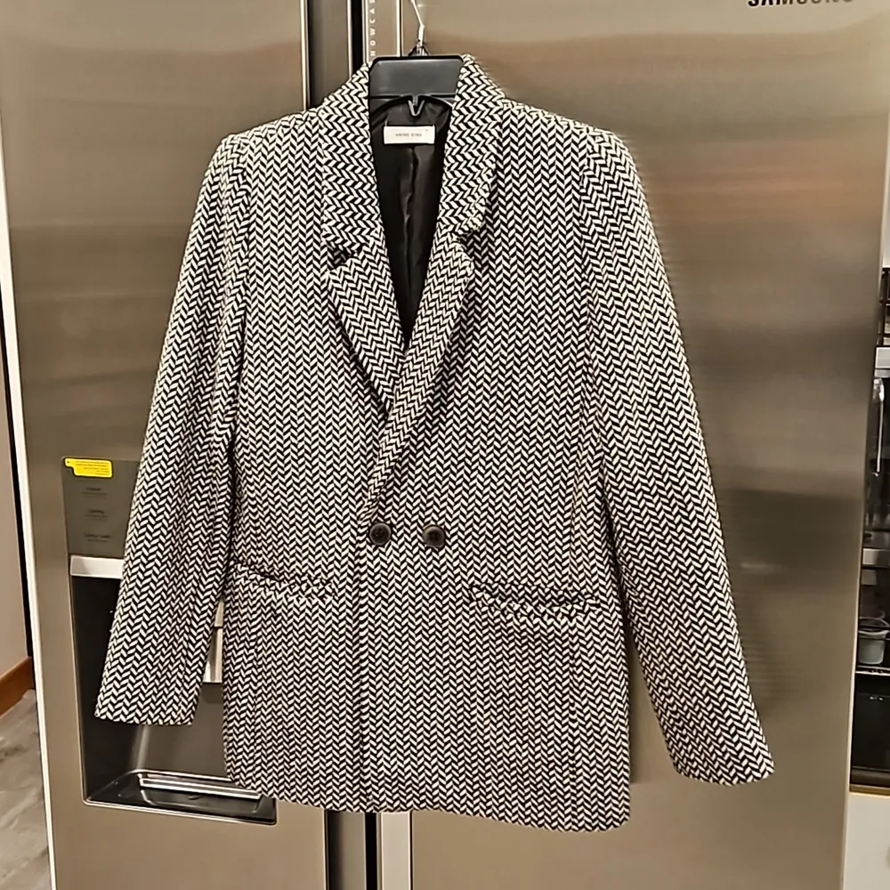 💕ANINE BING💕 Fishbone Blazer ~ Wool Blend Black & Off-White Print XS - Image 12