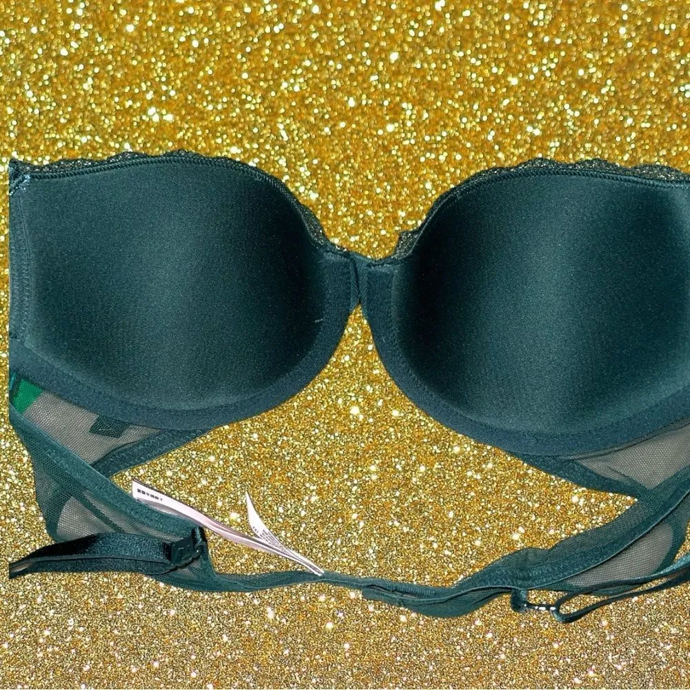 Victoria’s Secret dark green adorable bra with gold treading design! New - Image 5