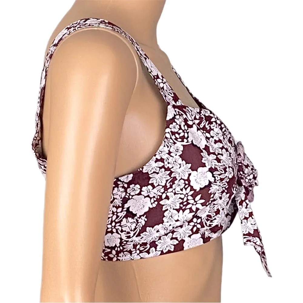 ZARA burgundy and white floral bralette/crop top with large buckle. Small. EUC - Image 3
