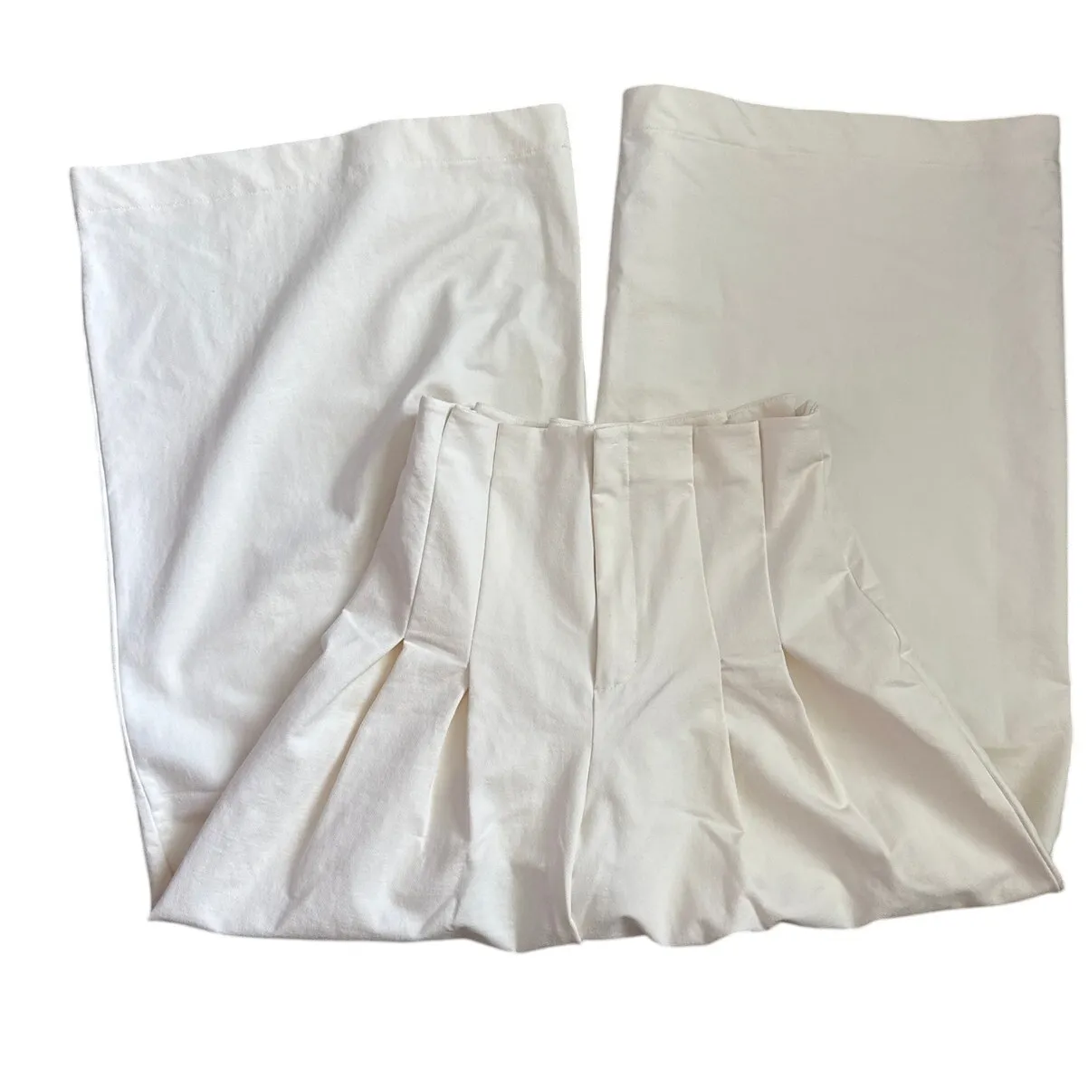 H&M High Waisted Paper-Bag Preppy Pleated Wide‎ Leg Trousers Cream Size 10 - Image 5