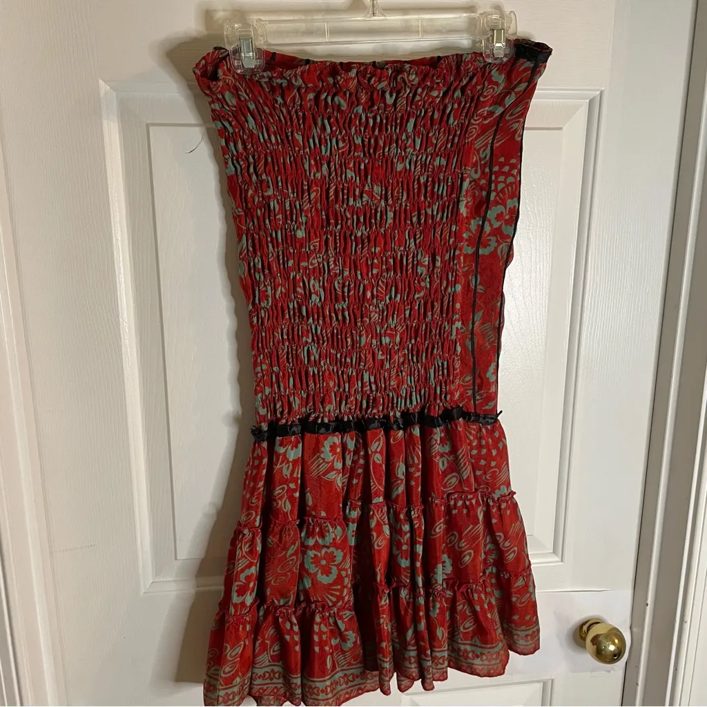 Red and Blue Floral Silk Strapless Dress coquette dress up unique one size Size undefined - Image 4