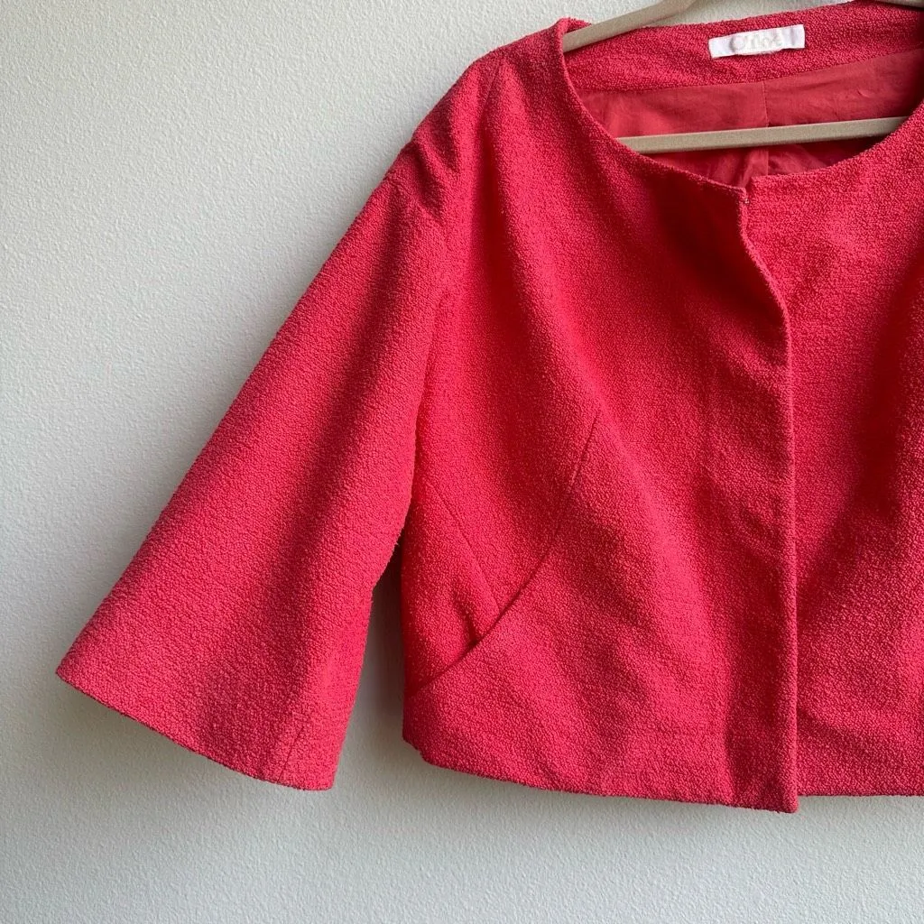 CHLOE Salmon Pink Preppy Jackie O Asymmetric Boucle Priest Collar Jacket Small? - Image 2